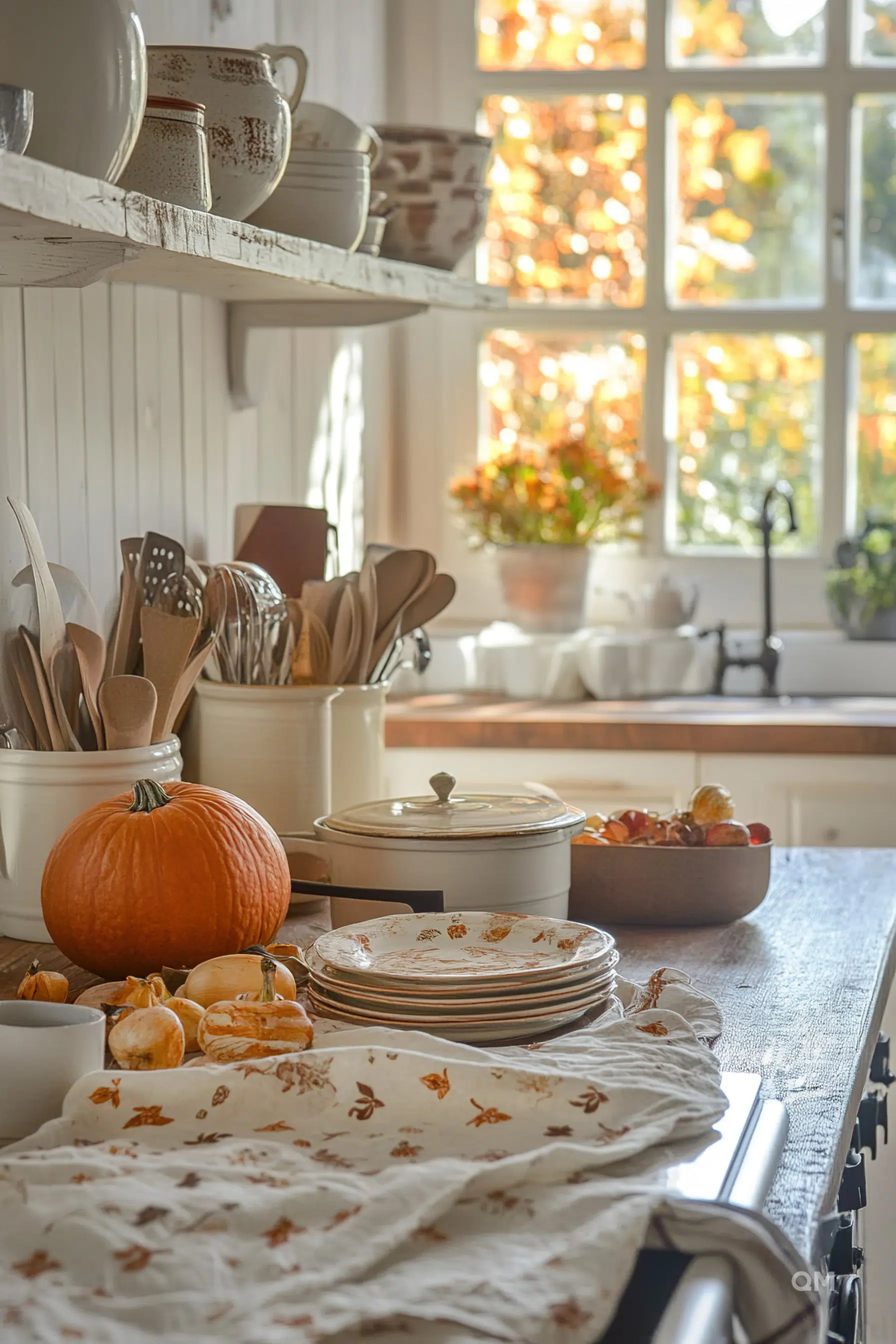 A cozy autumn kitchen interior with warm light from the window, decorated with pumpkins, fall-themed tableware, and wooden utensils.