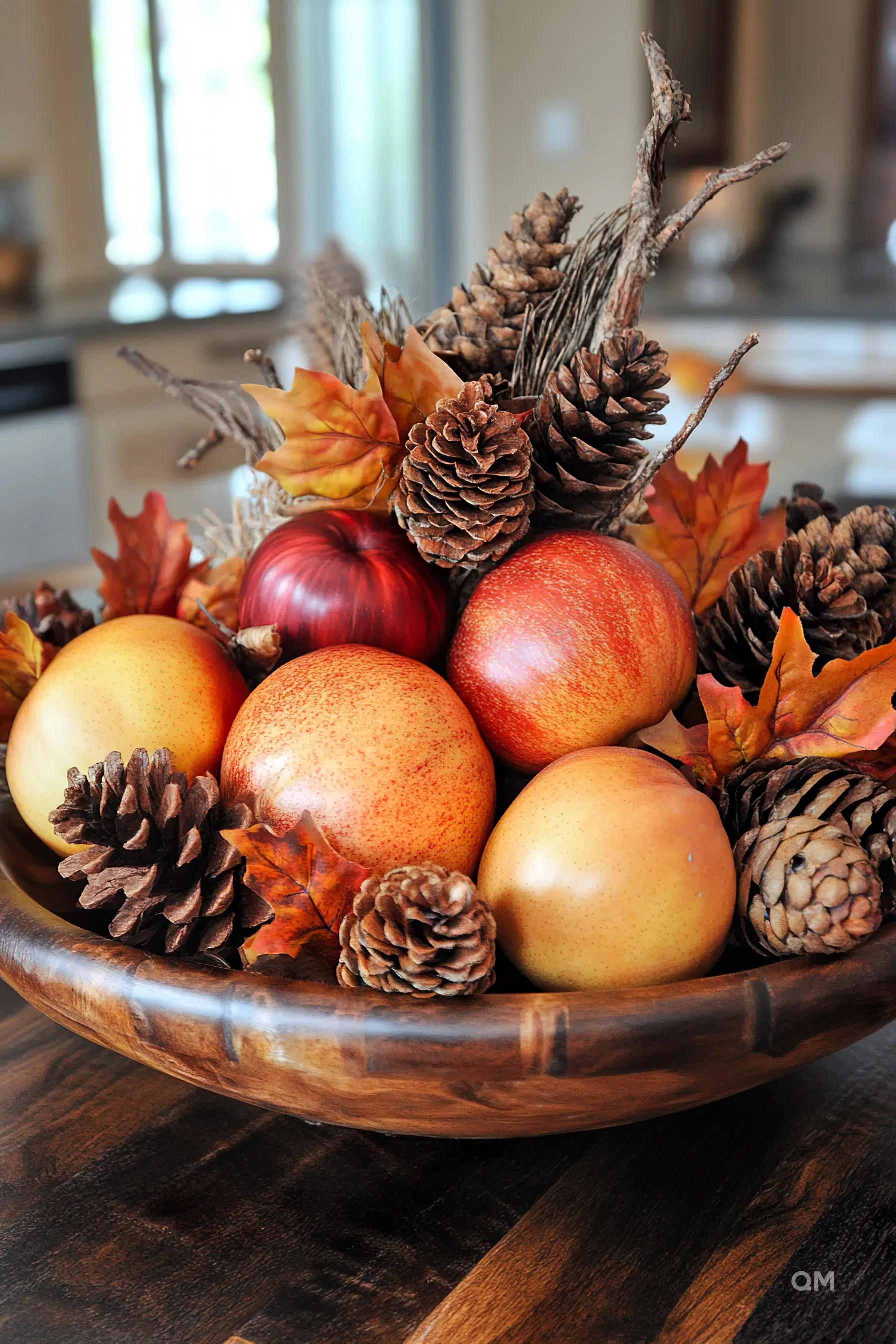 A wooden bowl filled with autumn-themed decorations, including pine cones, colorful leaves, and assorted artificial fruits.