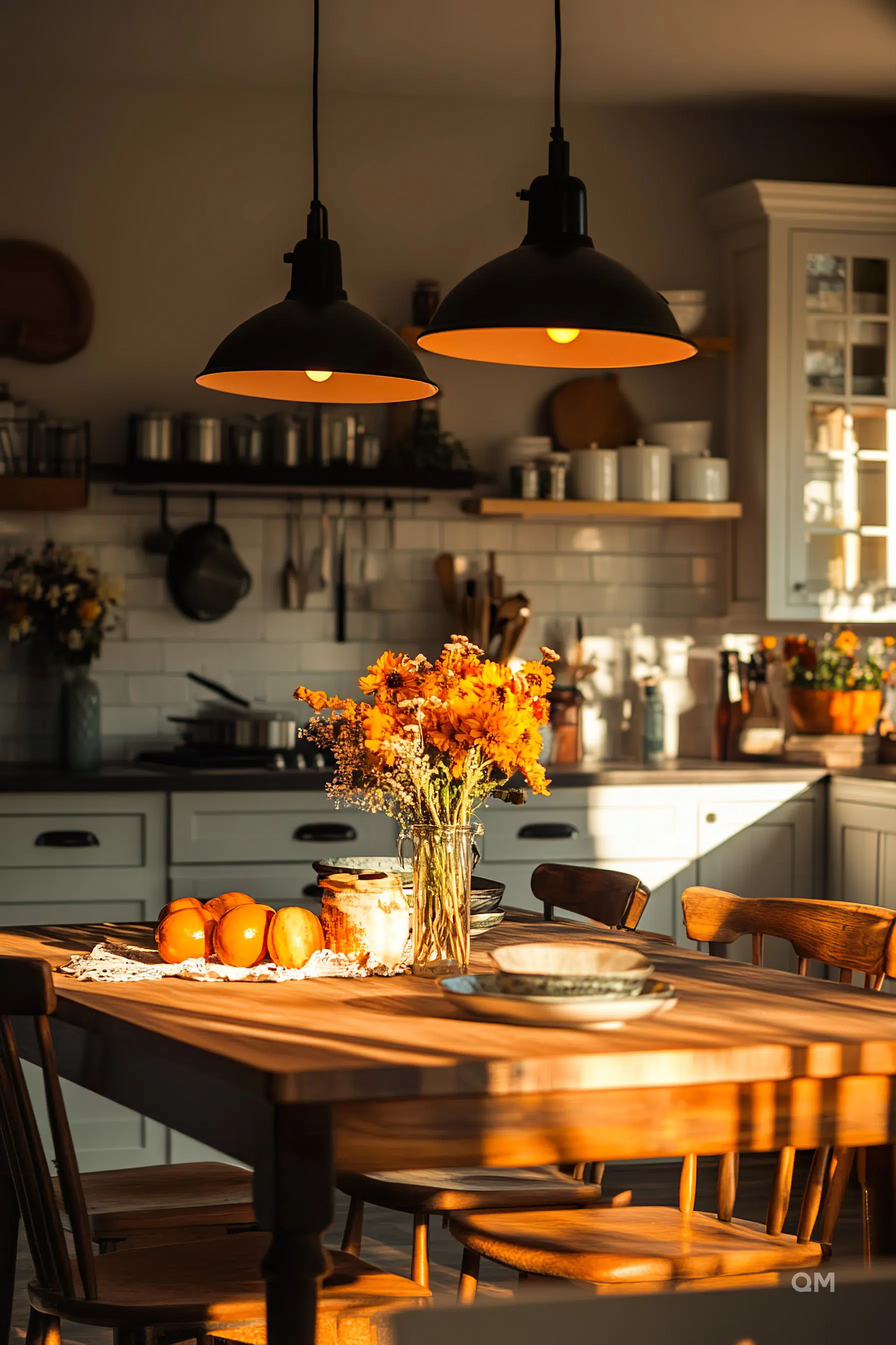 A cozy kitchen with warm lighting, featuring a wooden table adorned with orange flowers and fruit under two hanging pendant lights.