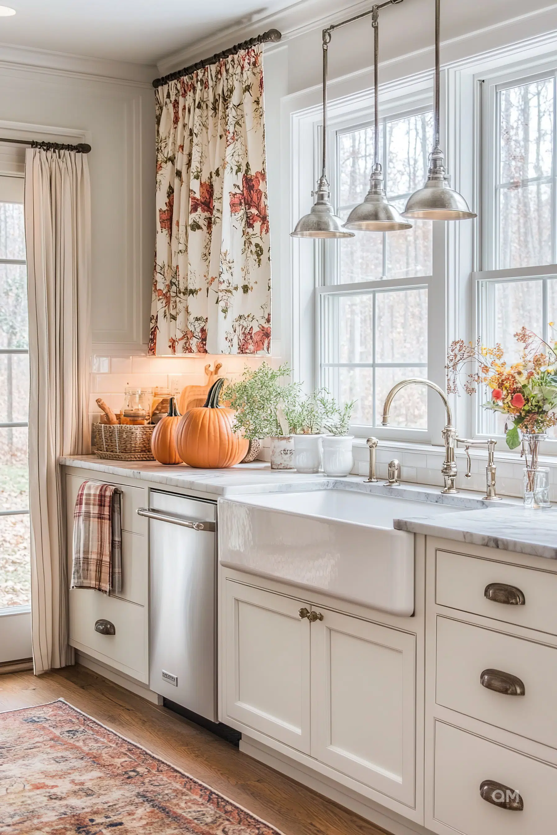 A cozy kitchen interior with a white farmhouse sink, autumn-themed decorations, and vintage-style lighting.