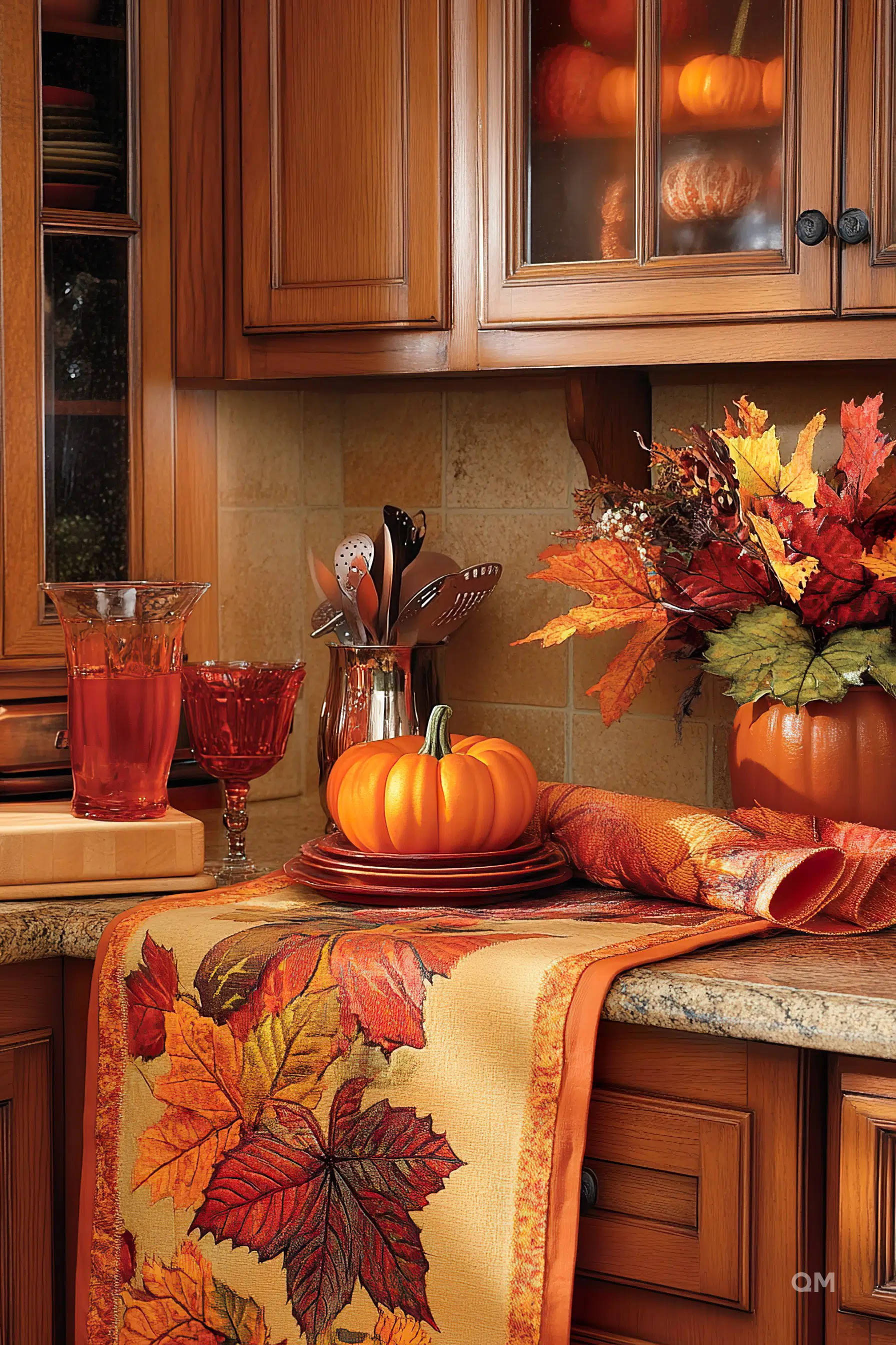Cozy autumn-themed kitchen corner with pumpkin decorations, maple leaf-patterned textiles, and warm-colored dishware.