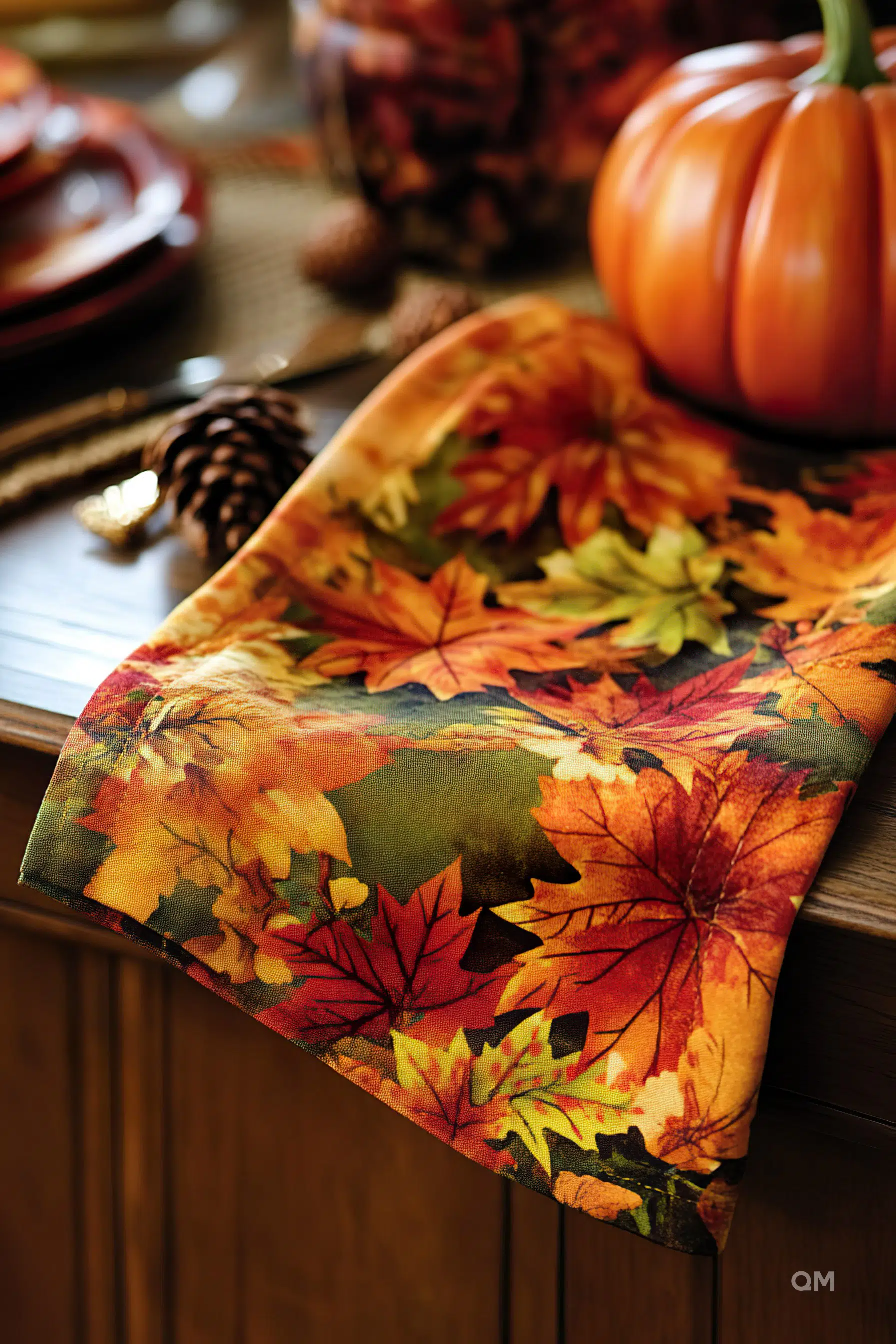 Autumn-themed table setting with colorful leaf-patterned napkin, pine cones, and a large orange pumpkin in a warm, cozy atmosphere.