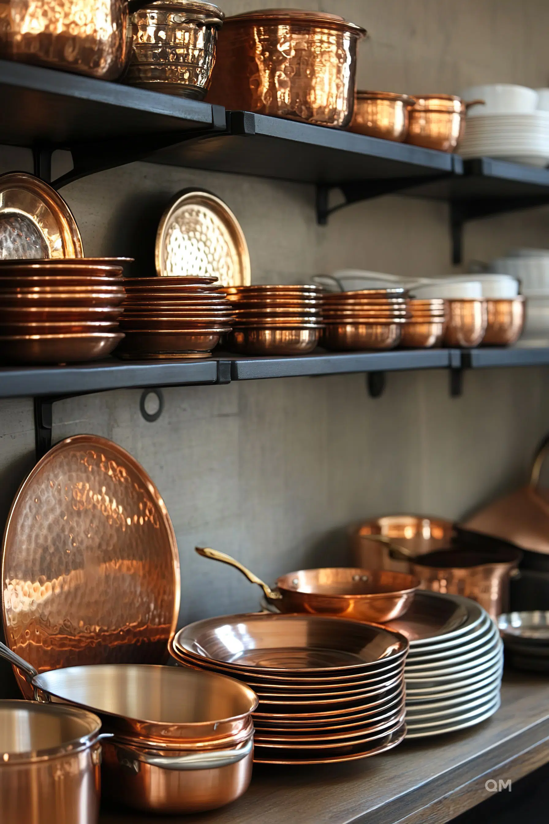 A variety of copper cookware and white dishes neatly arranged on wooden shelves against a gray wall.