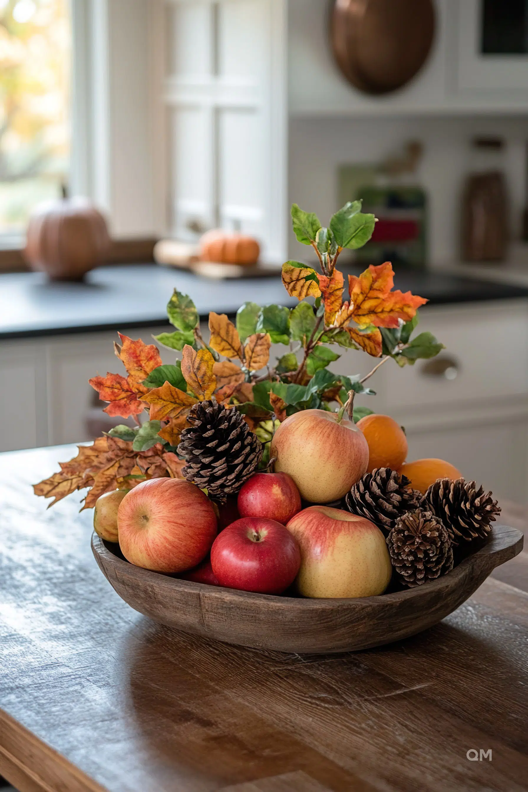A wooden bowl filled with apples, pine cones, and autumn leaves on a kitchen table, with a blurred view of a kitchen in the background.
