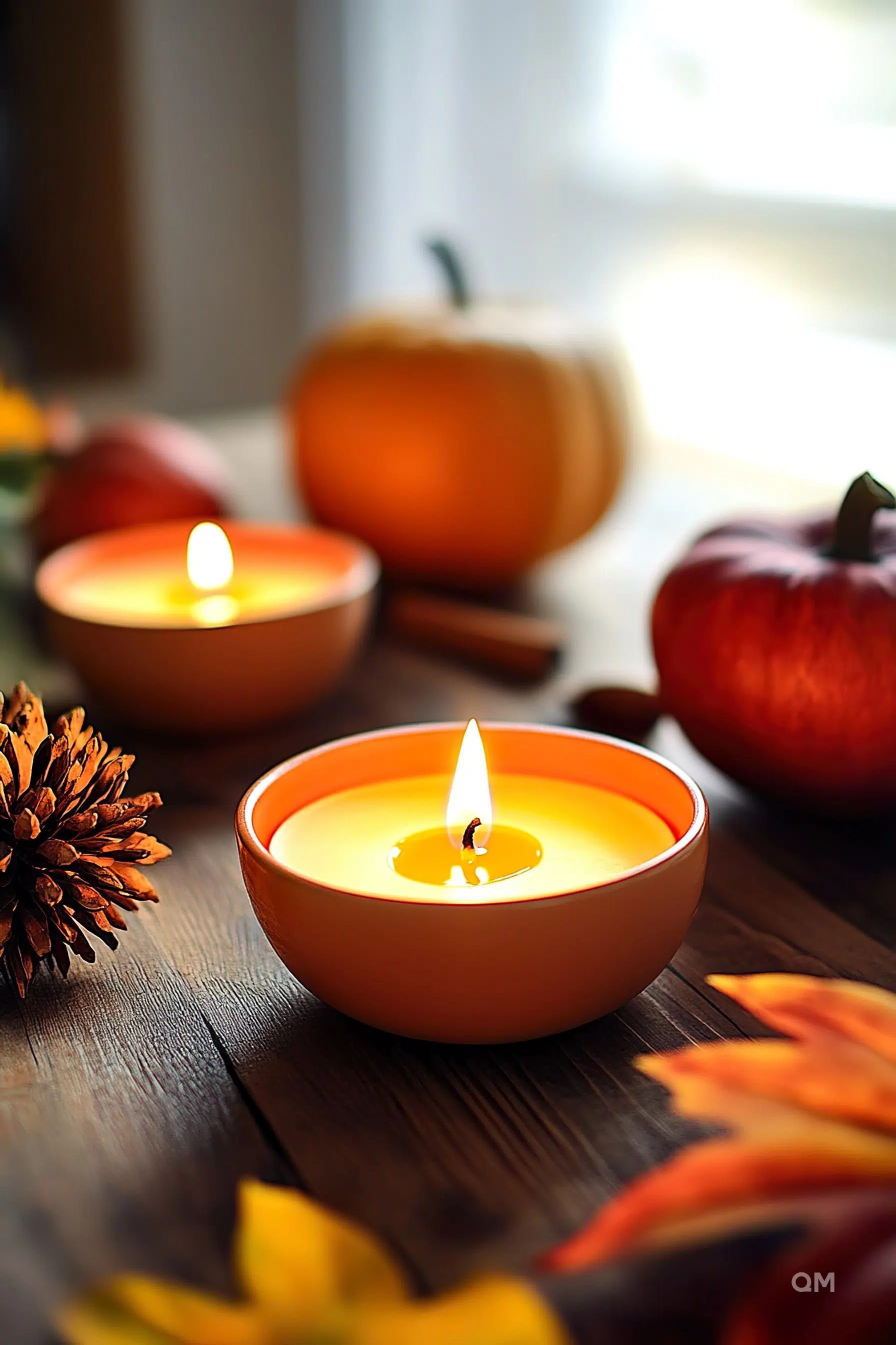 Lit candles in orange bowls with autumn leaves and pumpkins on a wooden surface, creating a cozy fall atmosphere.