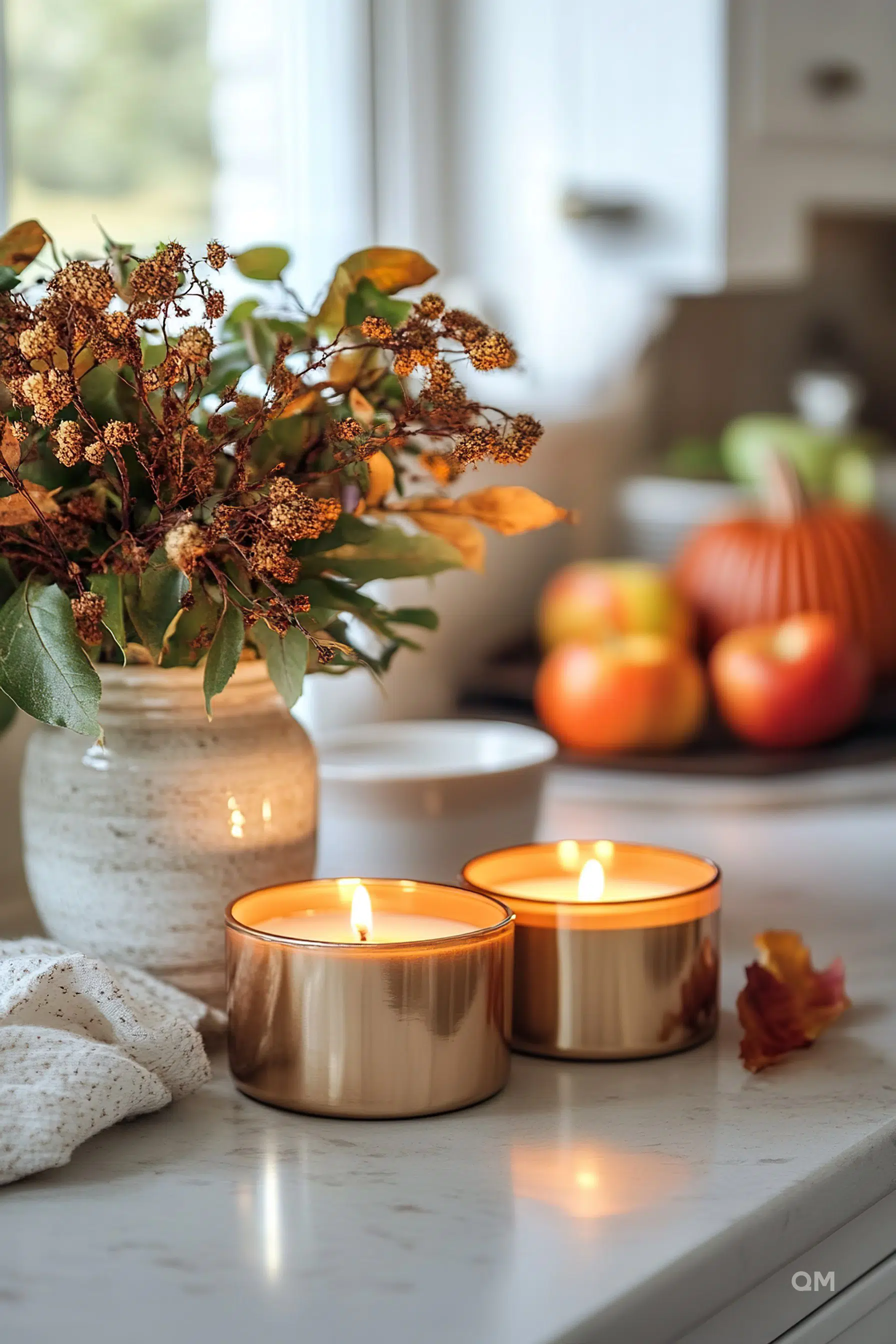 A cozy autumn setting with lit candles on a marble countertop, surrounded by a bouquet of dried flowers, a pumpkin, and fresh apples.