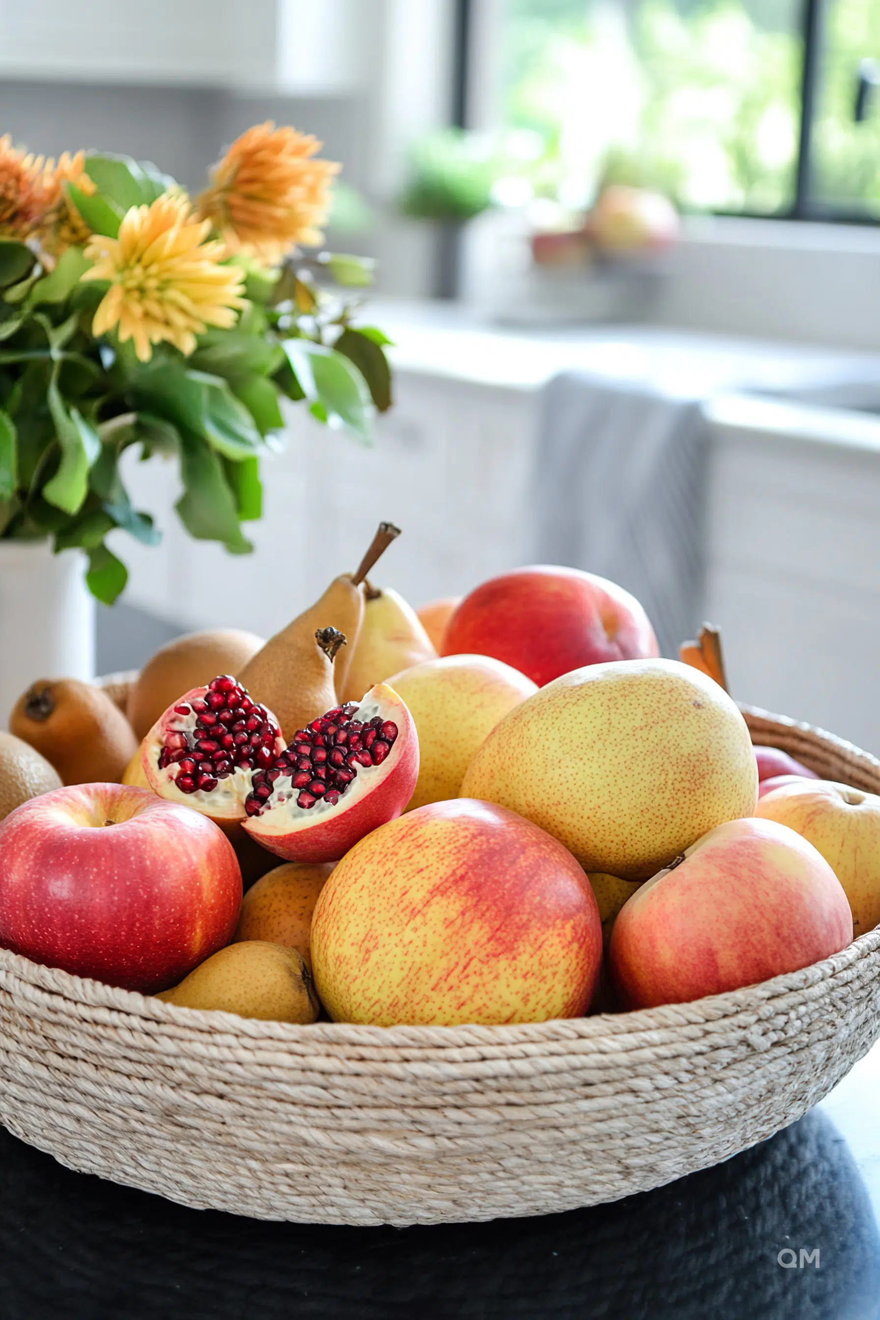 A woven basket filled with fresh fruit, including pears, apples, kiwi, and an open pomegranate, on a kitchen counter with flowers in the background.
