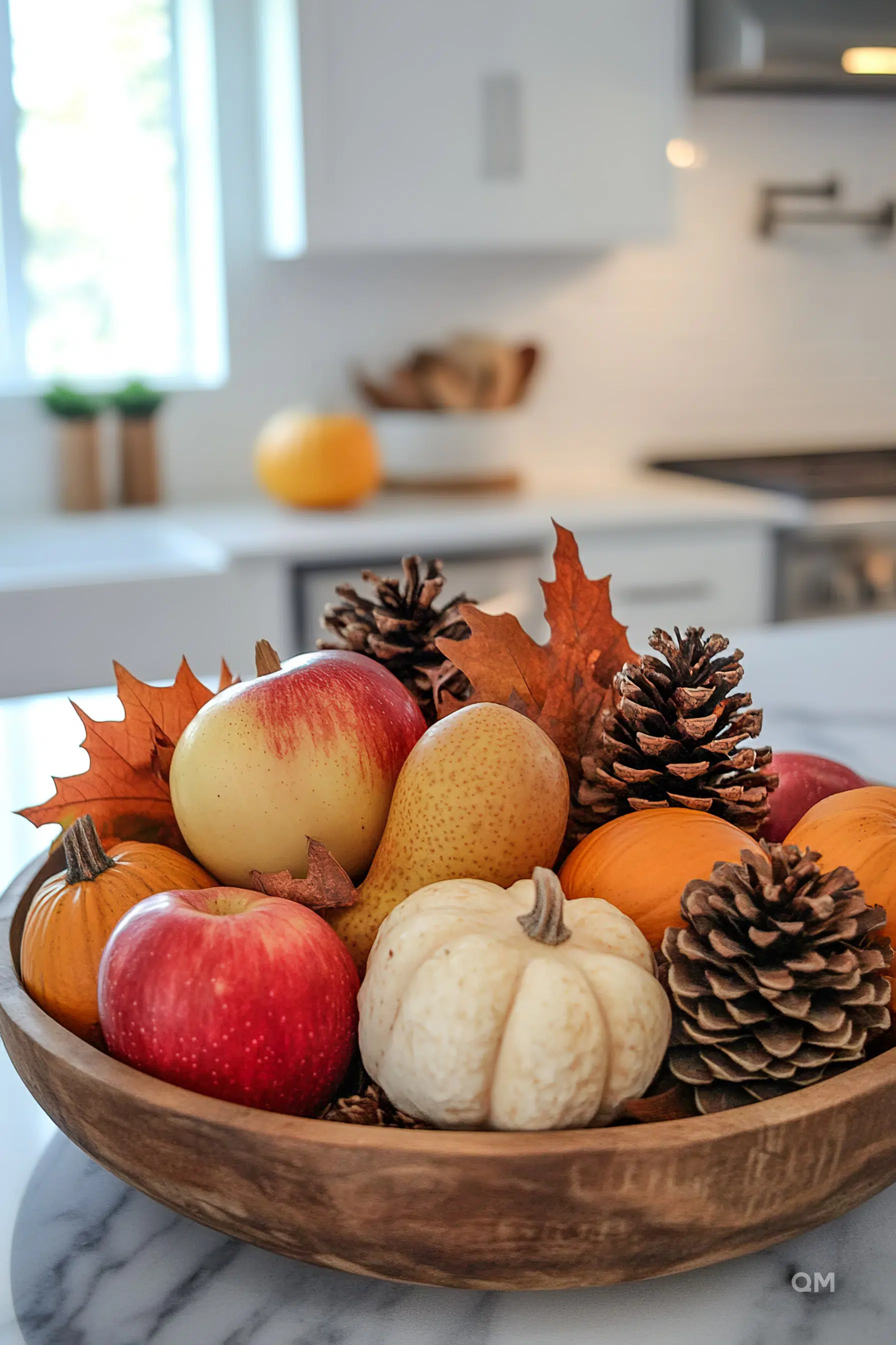 A bowl filled with autumn decorations including apples, pine cones, pumpkins, and leaves on a modern kitchen counter.