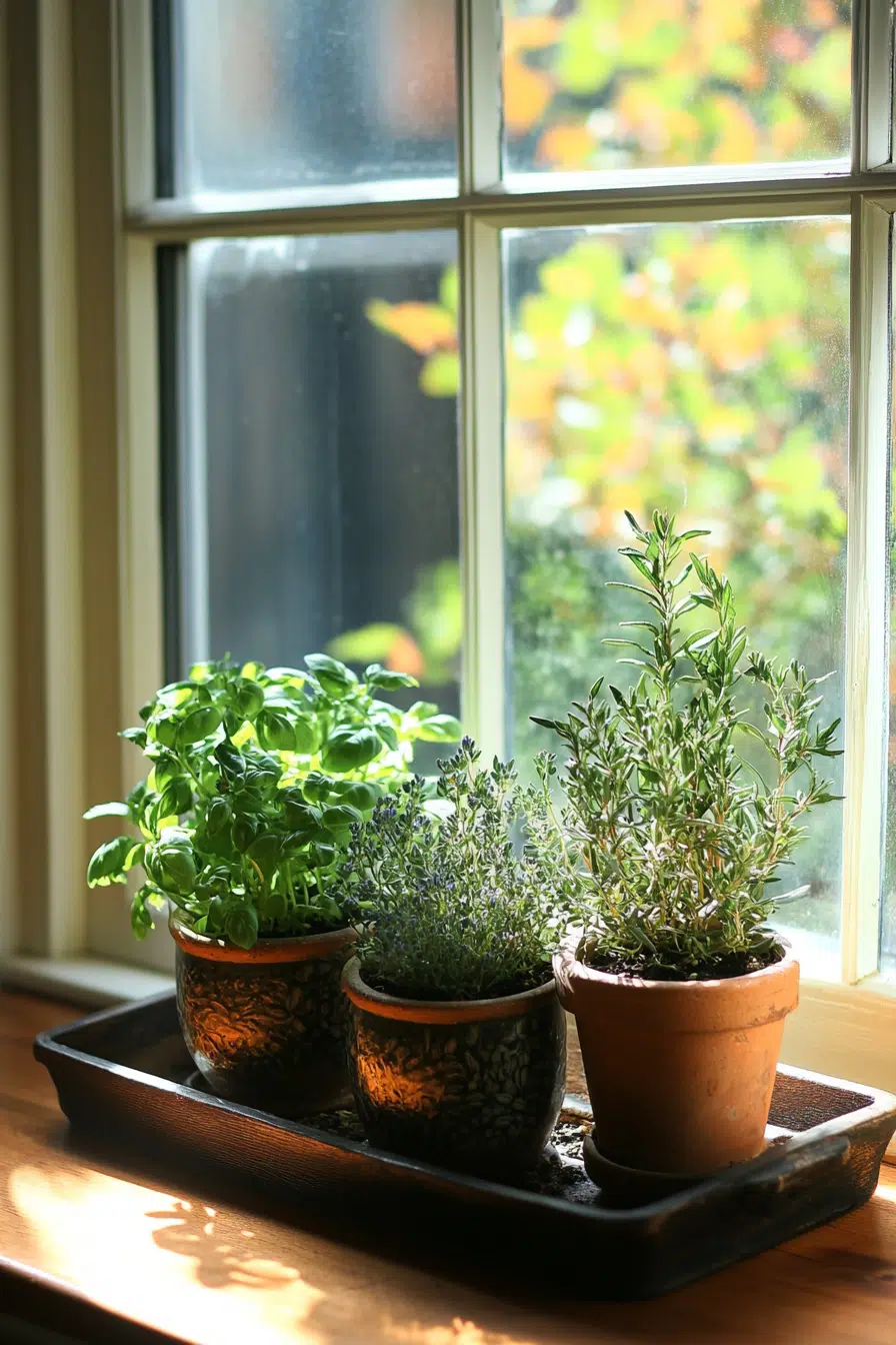 Three potted herbs on a sunny windowsill with a view of autumn foliage outside.