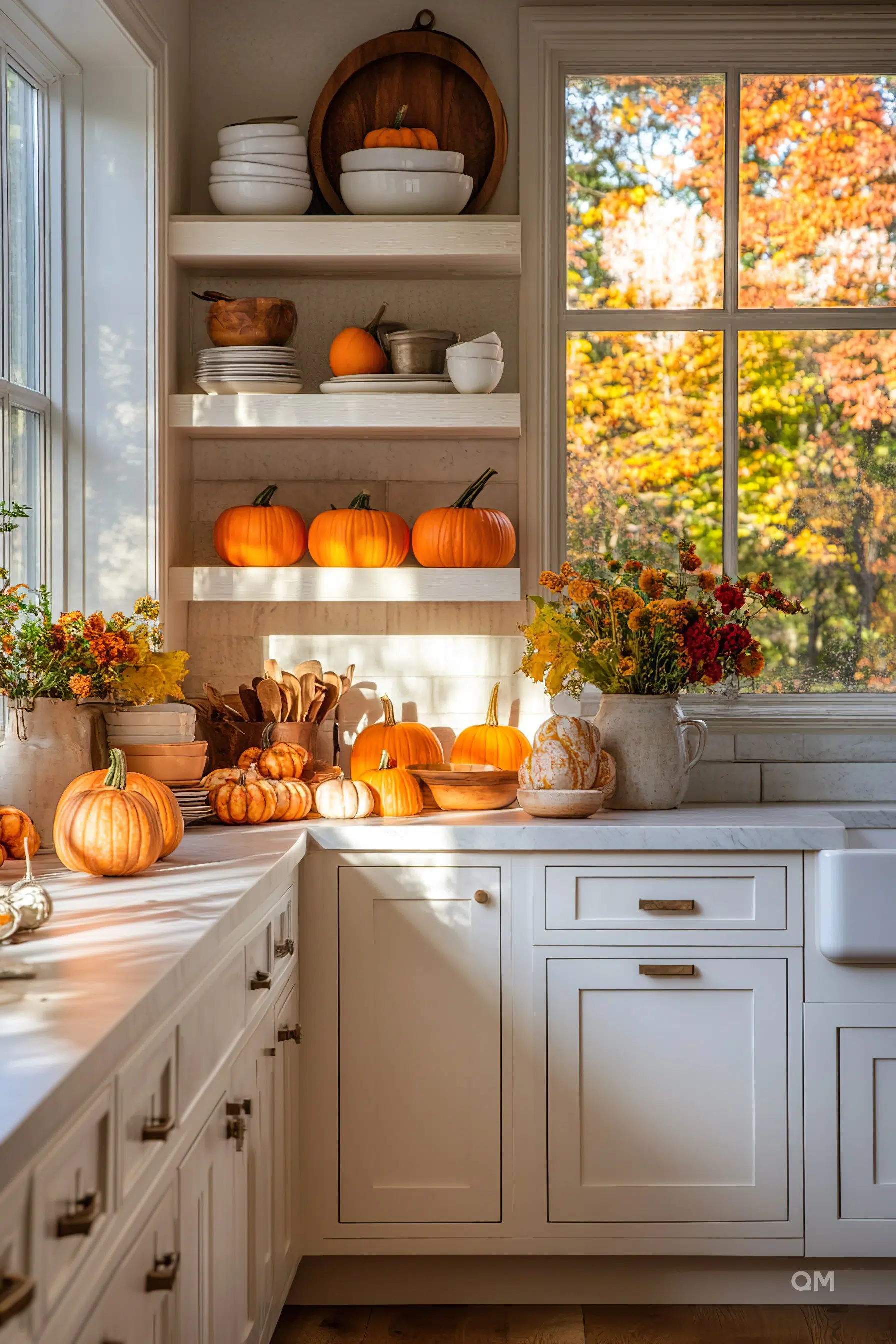 A cozy kitchen decorated with pumpkins and autumn flowers on shelves and counters, bathed in warm sunlight with fall foliage visible outside.