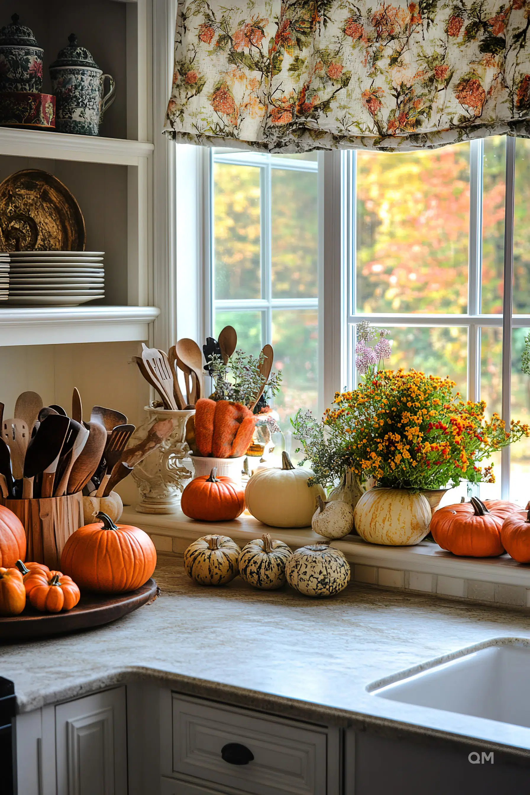 A cozy kitchen window sill decorated with a variety of pumpkins and a bouquet of fall flowers, overlooking autumn foliage outside.