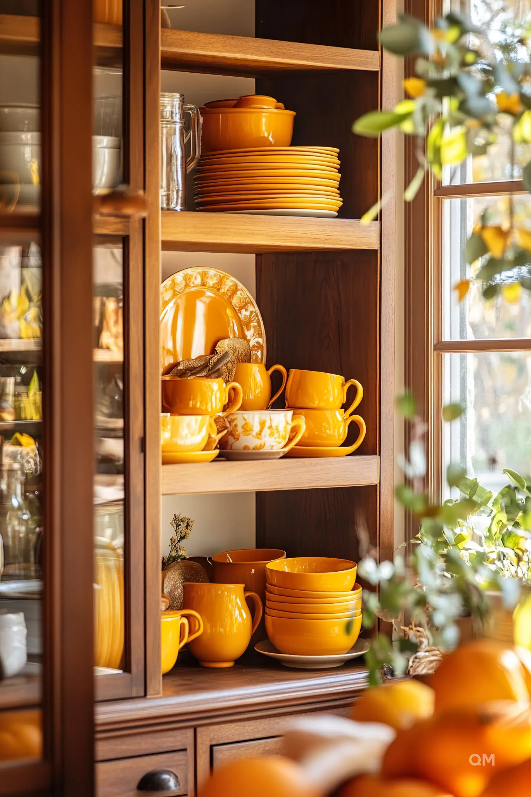 A wooden cabinet filled with neatly arranged yellow dishware and cups with a glimpse of greenery from a window on the side.