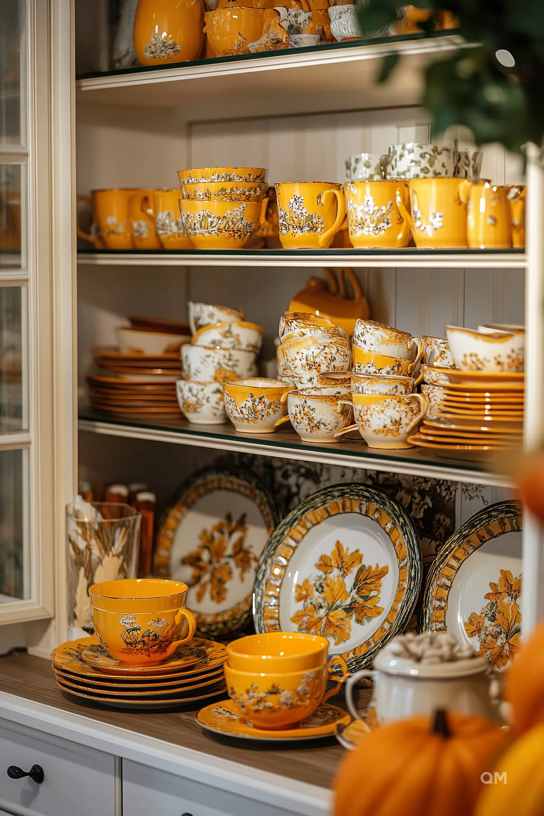 A collection of yellow and white patterned china including plates, cups, and saucers arranged neatly on shelves in a cabinet.
