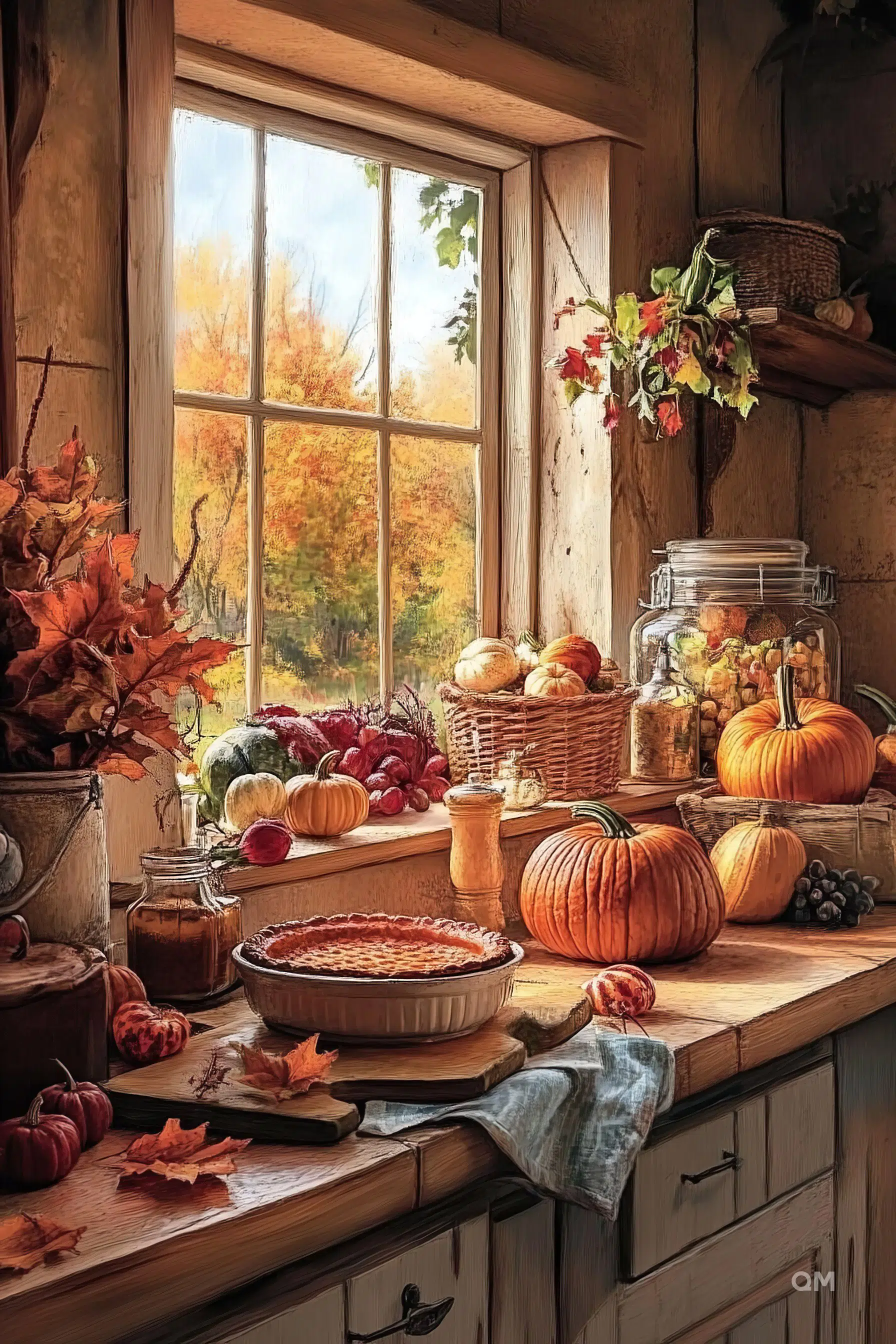 Cozy autumn kitchen interior with a window overlooking colorful foliage, pumpkins, a pie, and seasonal decorations.
