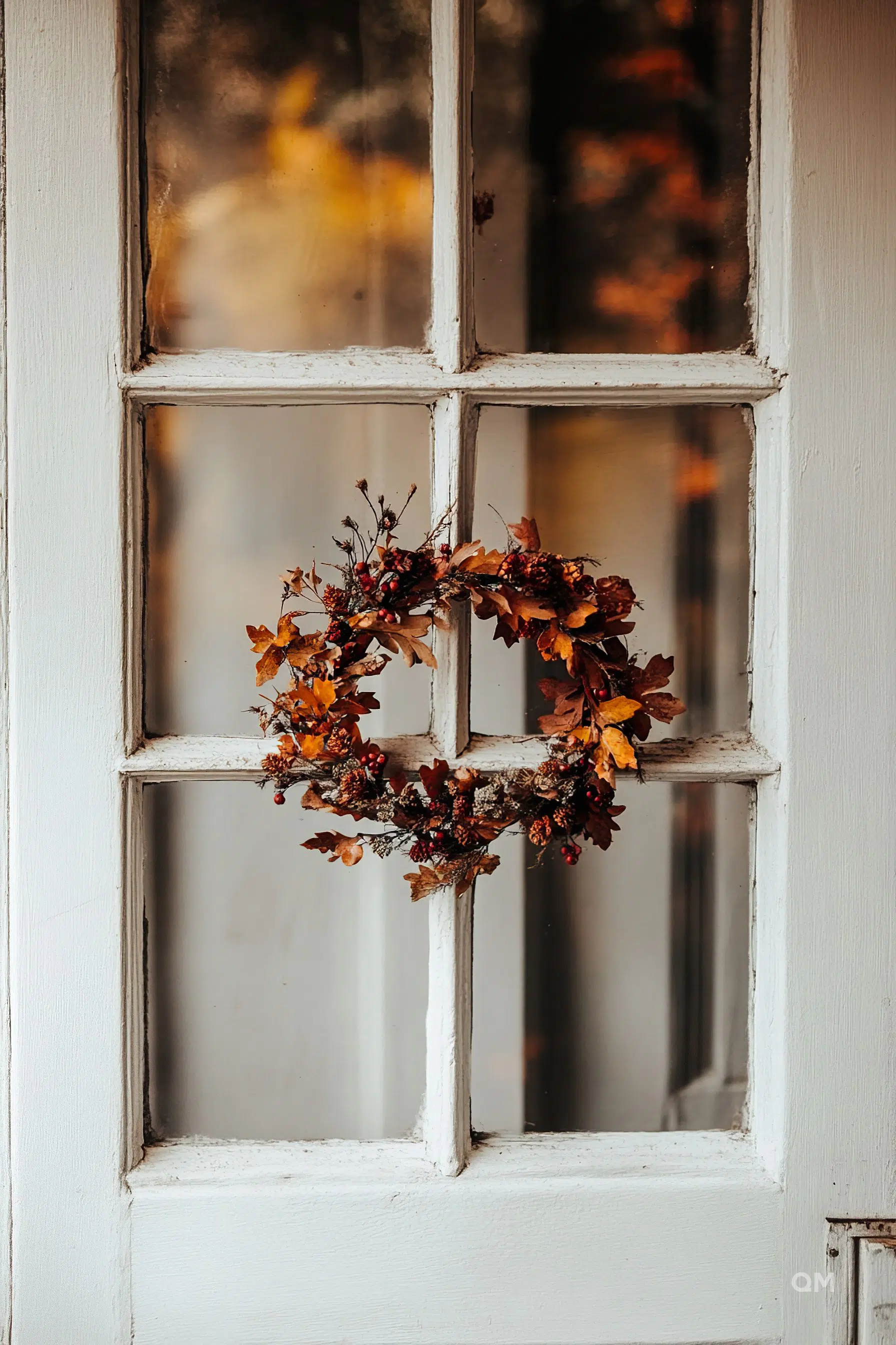 An autumn wreath with red and orange leaves hangs on a white windowpane reflecting fall colors.