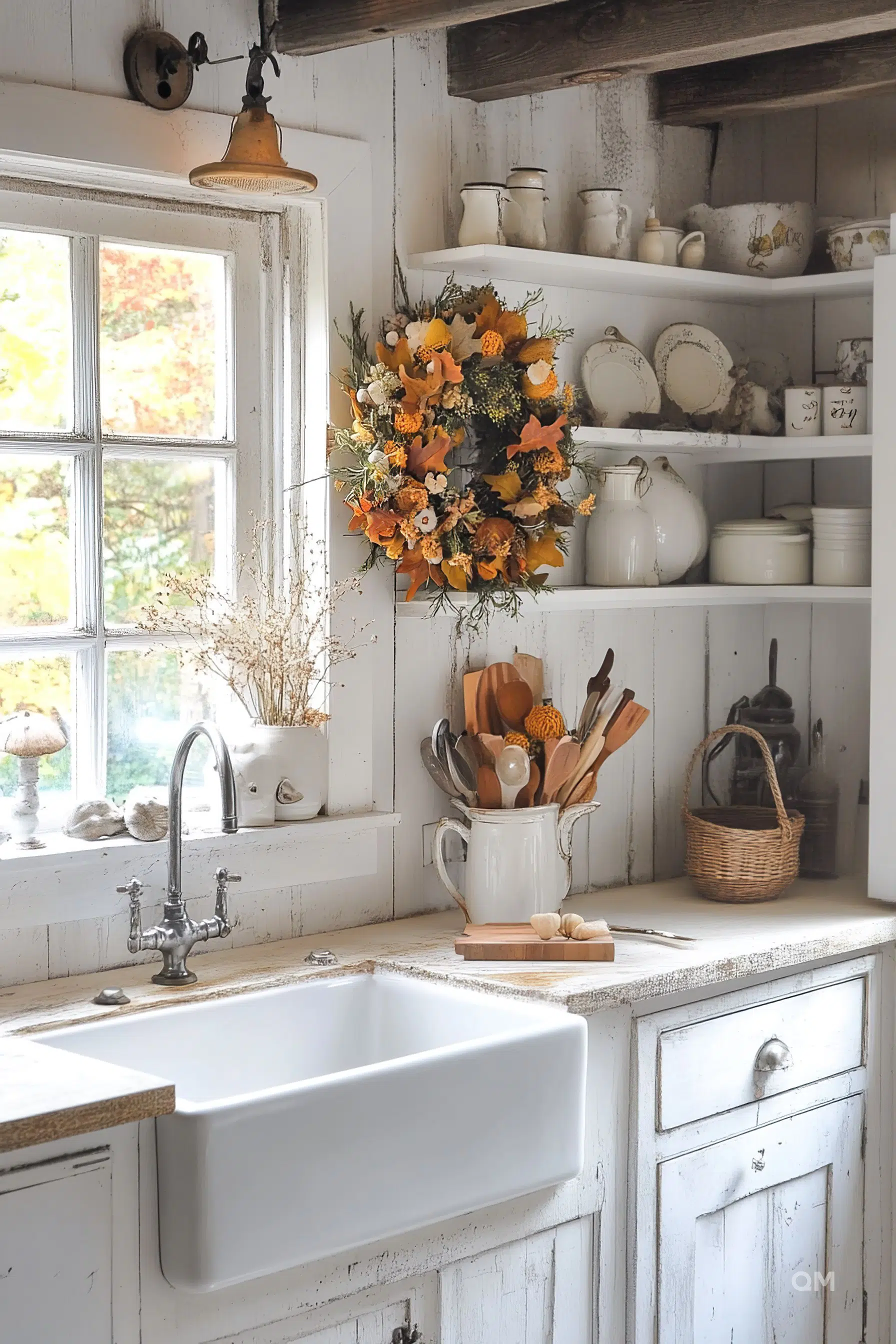 Cozy rustic kitchen corner with a farmhouse sink, white cabinetry, autumn wreath, and a window overlooking trees.