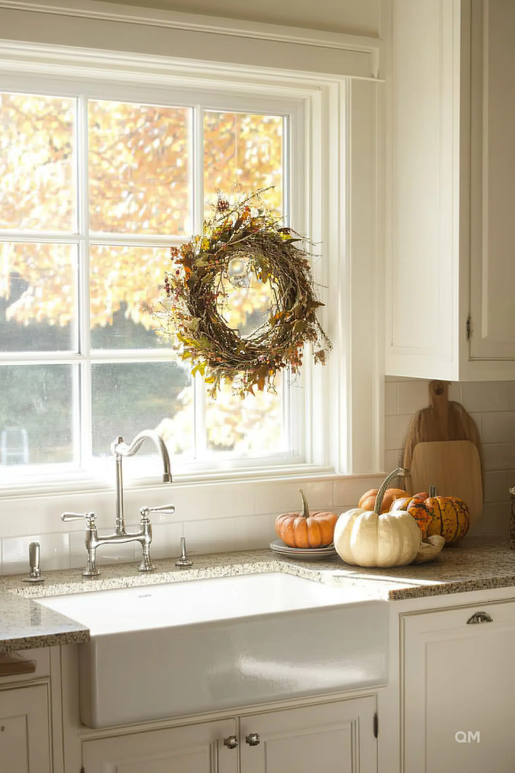 A cozy kitchen with a fall wreath on the window, pumpkins on the counter, and sunlight streaming through autumn leaves outside.