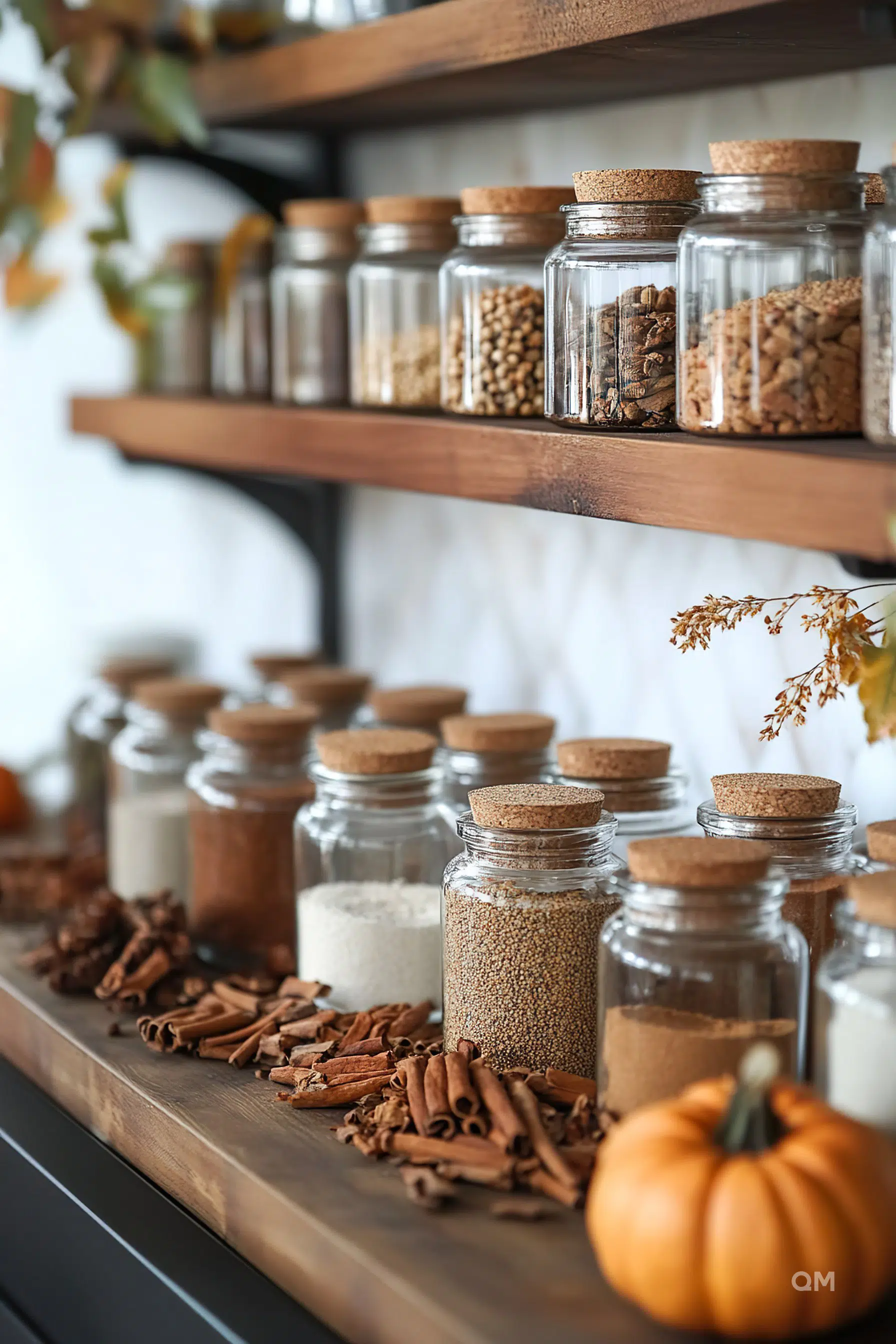 Wooden shelves with glass jars filled with spices and grains, accompanied by cinnamon sticks and a small pumpkin.