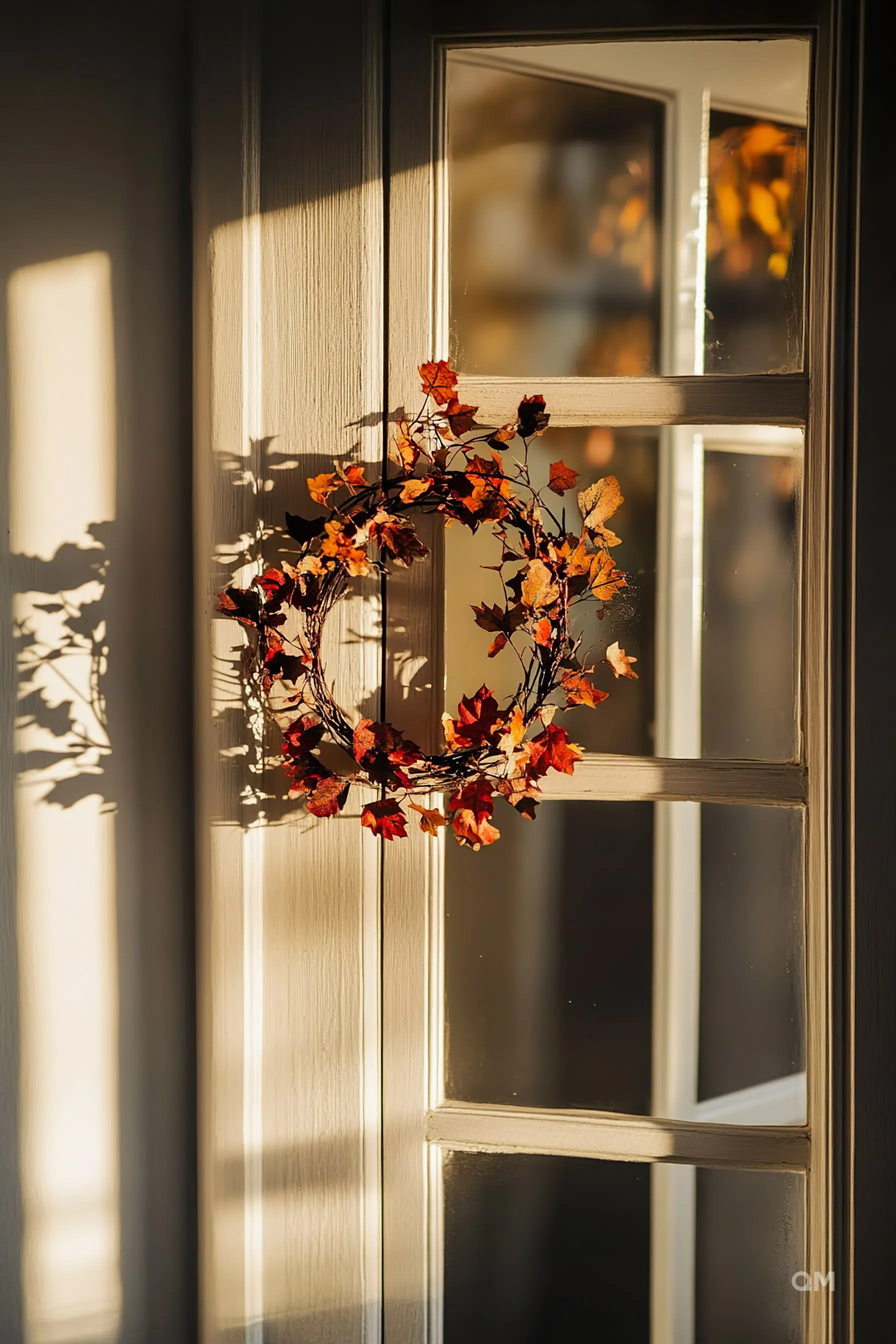A wreath with autumn leaves on a wooden door, basked in warm sunlight casting shadows on the surface.