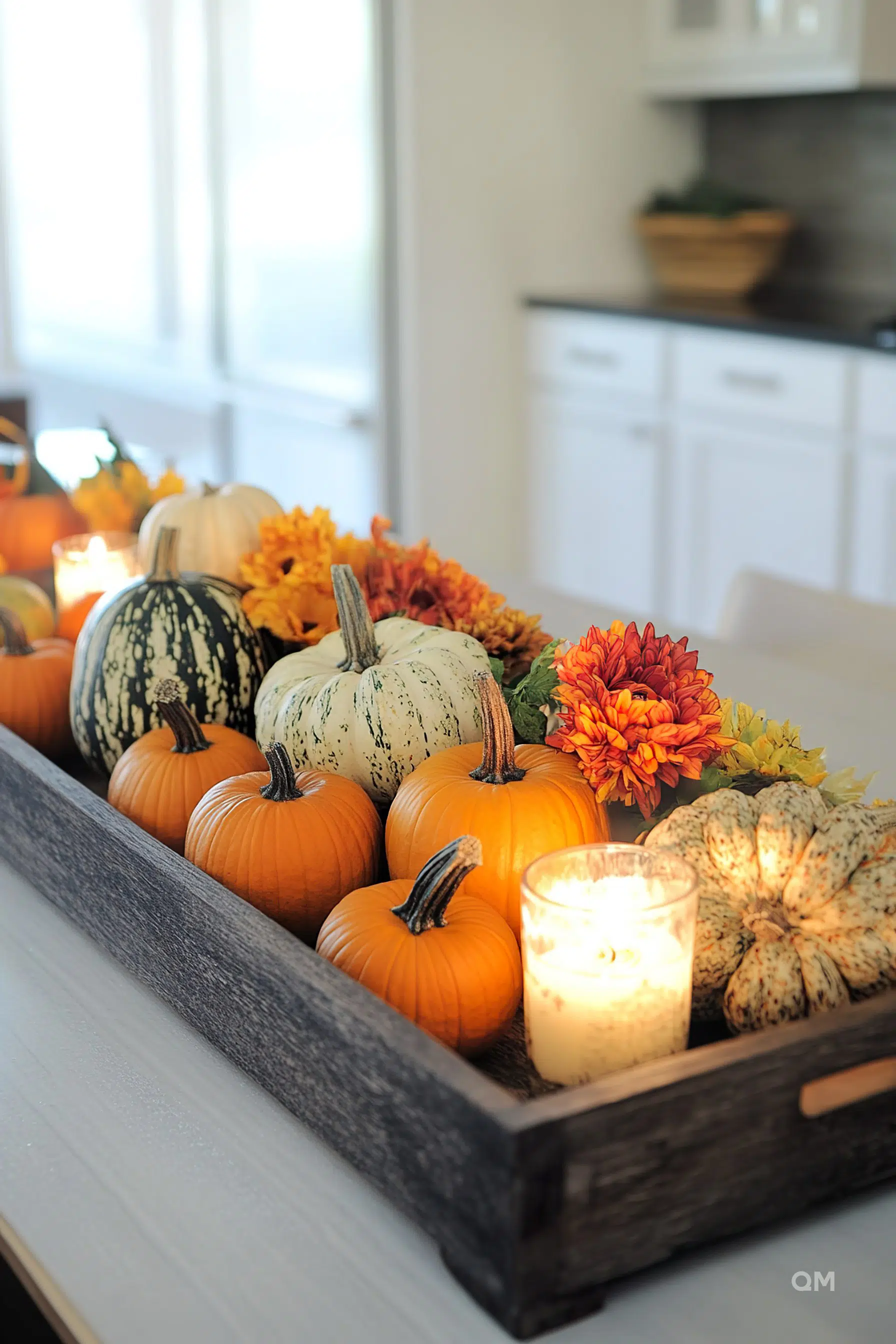 A decorative autumn centerpiece featuring various pumpkins, colorful flowers, and lit candles in a wooden tray on a white table.