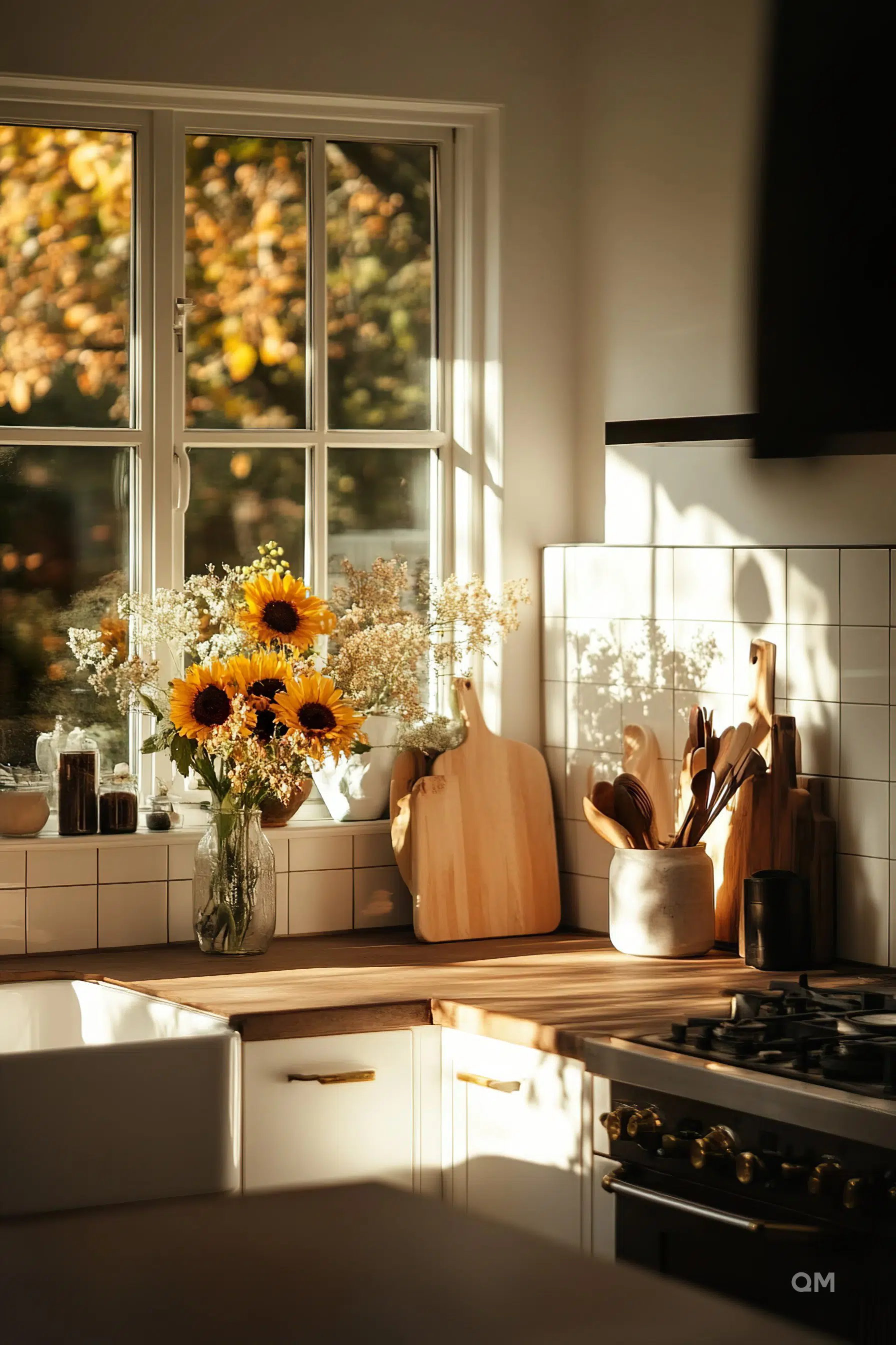 A cozy kitchen with sunlight streaming through a window, casting warm light on a vase of sunflowers and wooden utensils.