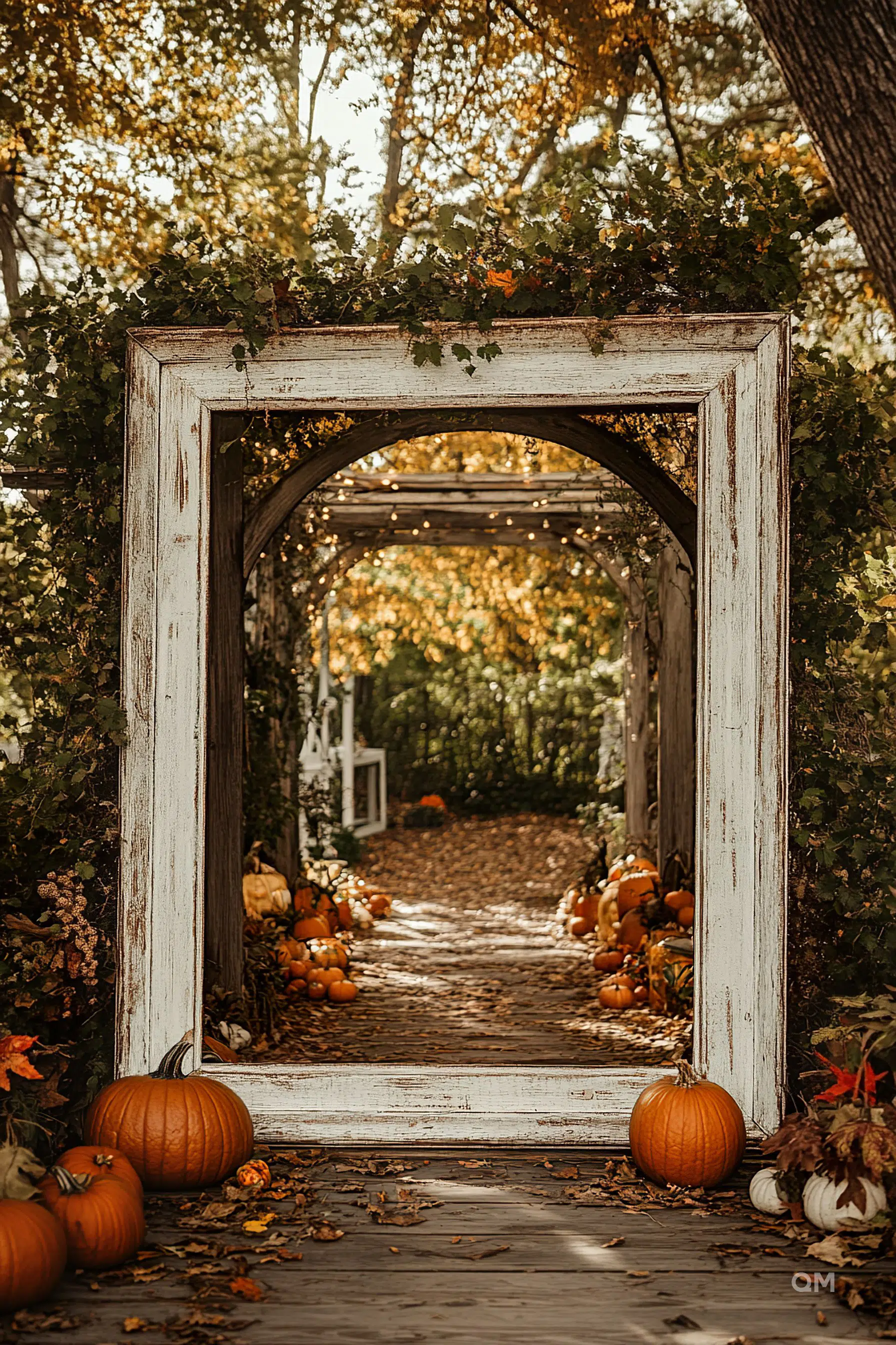 Rustic wooden door frame leading to a pathway lined with pumpkins and autumn leaves under a canopy of fall foliage.