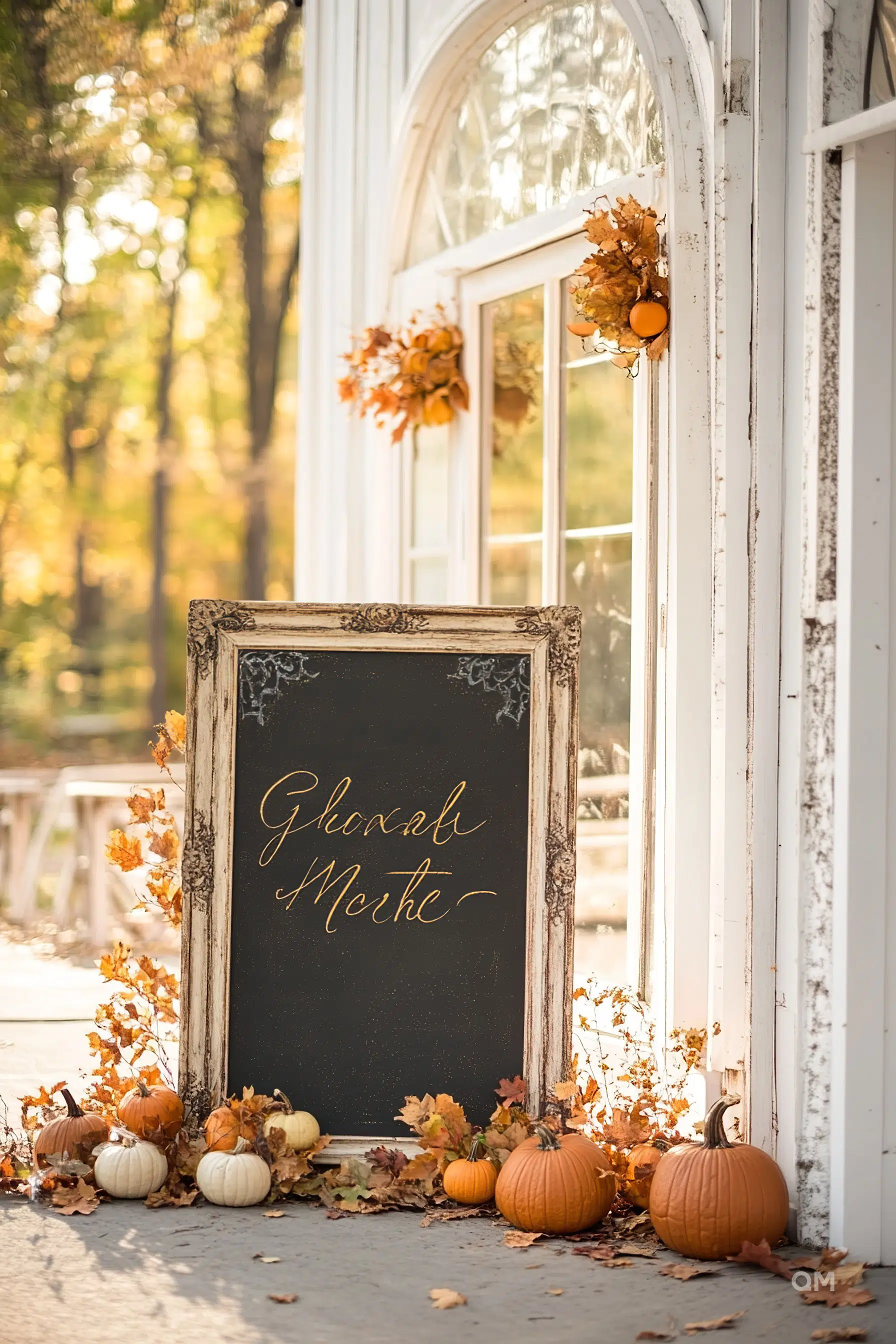 ALT: A decorative chalkboard with "Global Niche" written on it, surrounded by pumpkins and autumn leaves, against a white door with window arches.