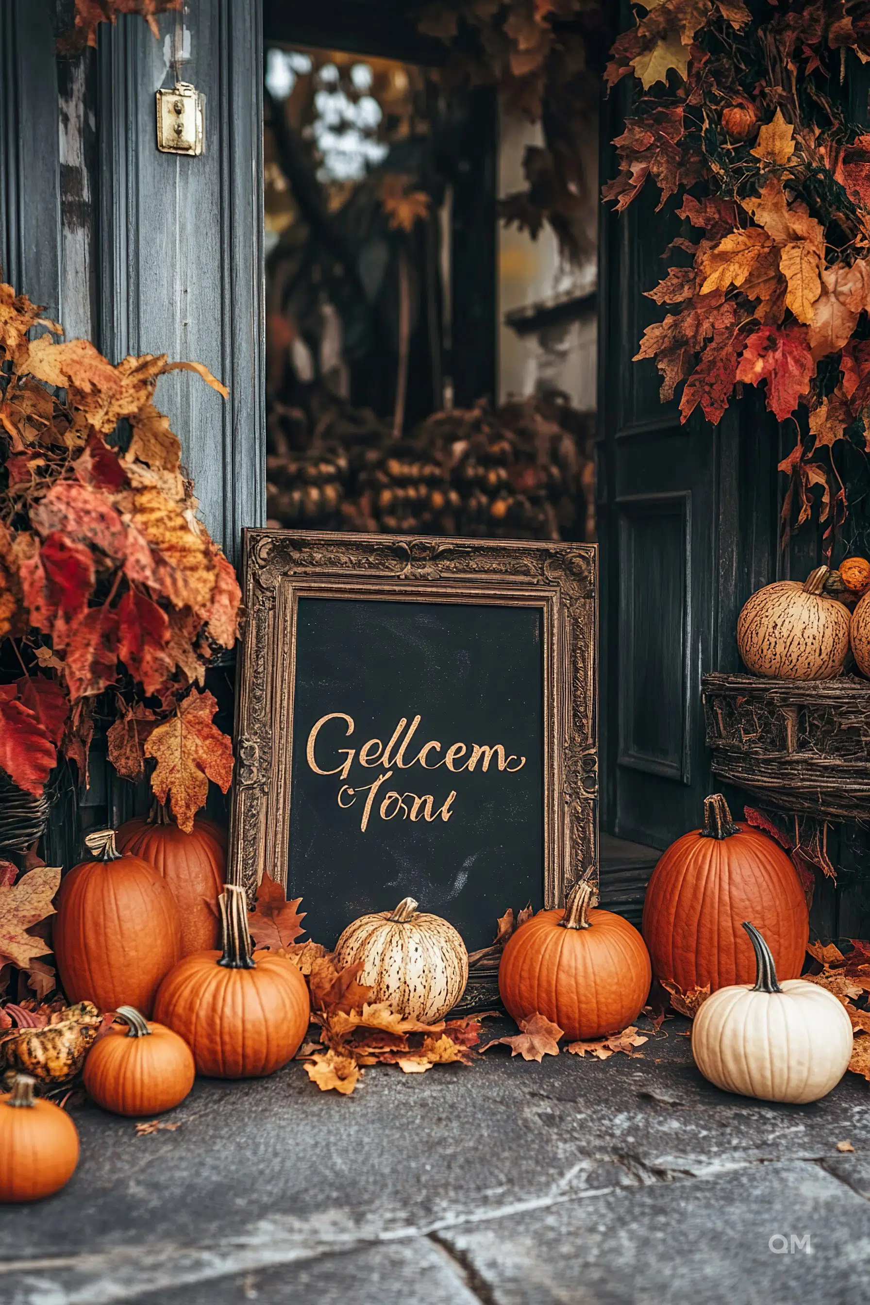A welcoming autumnal scene with varied pumpkins and a "Welcome" sign amidst fall leaves at an entrance.