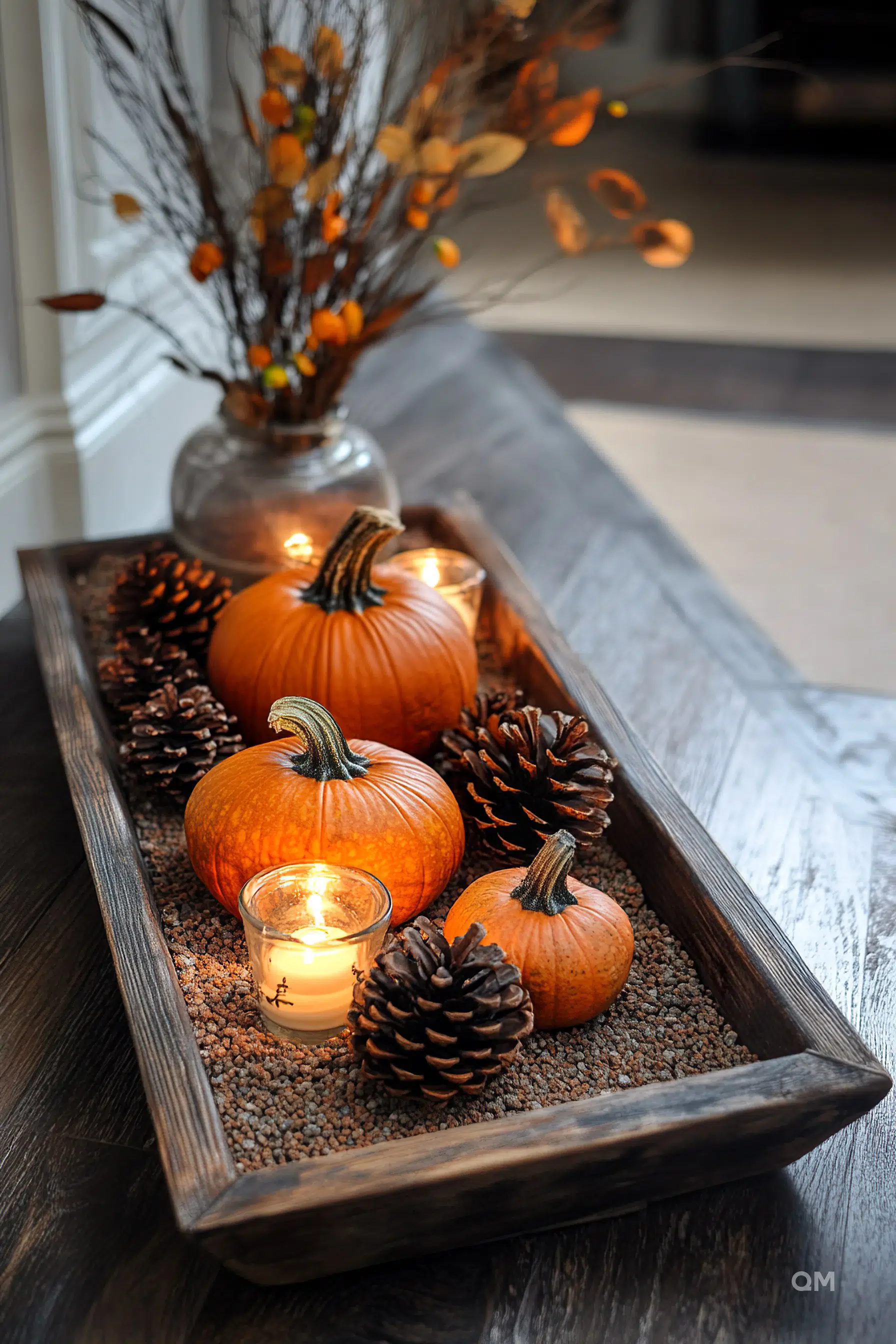 ALT: A cozy autumn decoration with orange pumpkins and pine cones on a bed of gravel in a wooden tray, accompanied by a lit candle.