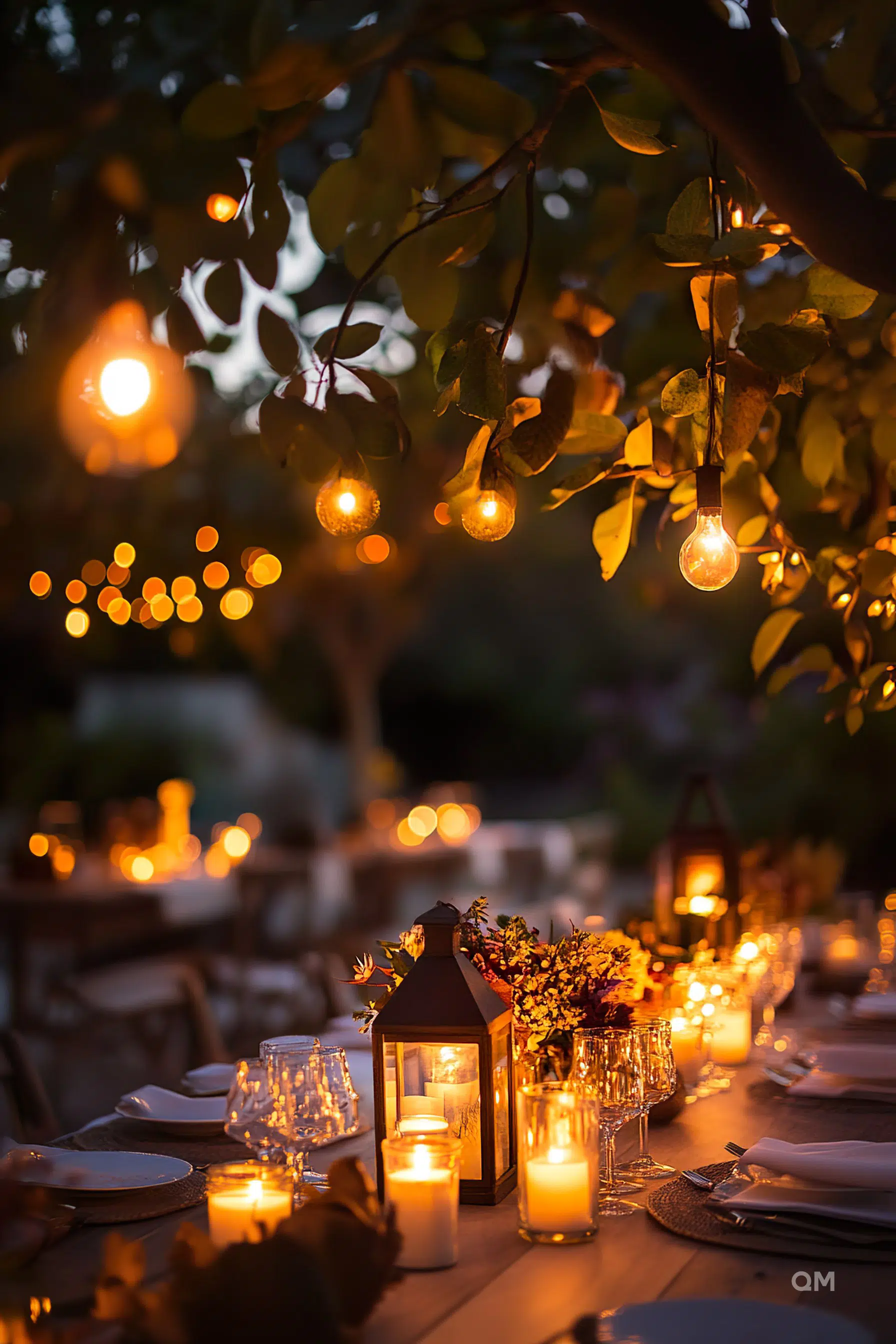 Elegant outdoor dining setup with hanging lights, candles on a table under a tree at twilight, creating a warm, inviting ambiance.