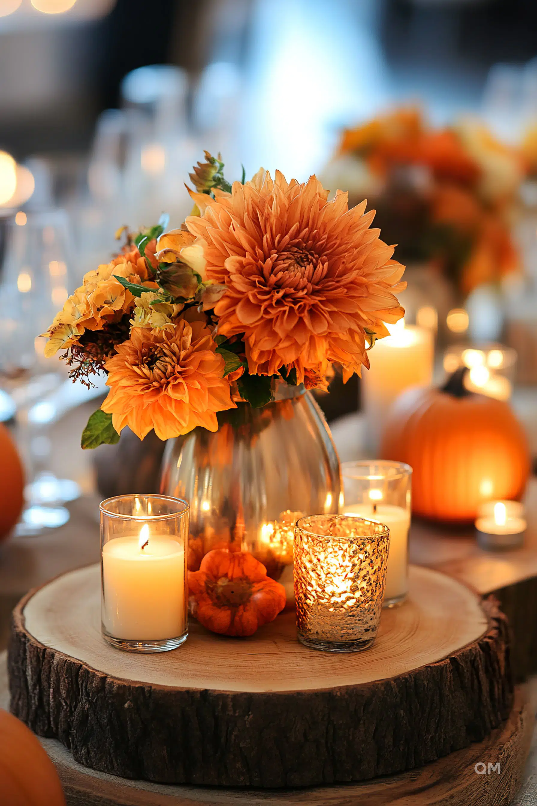 A warm autumnal centerpiece with orange dahlias in a vase, surrounded by lit candles and a mini pumpkin on a wooden slice.