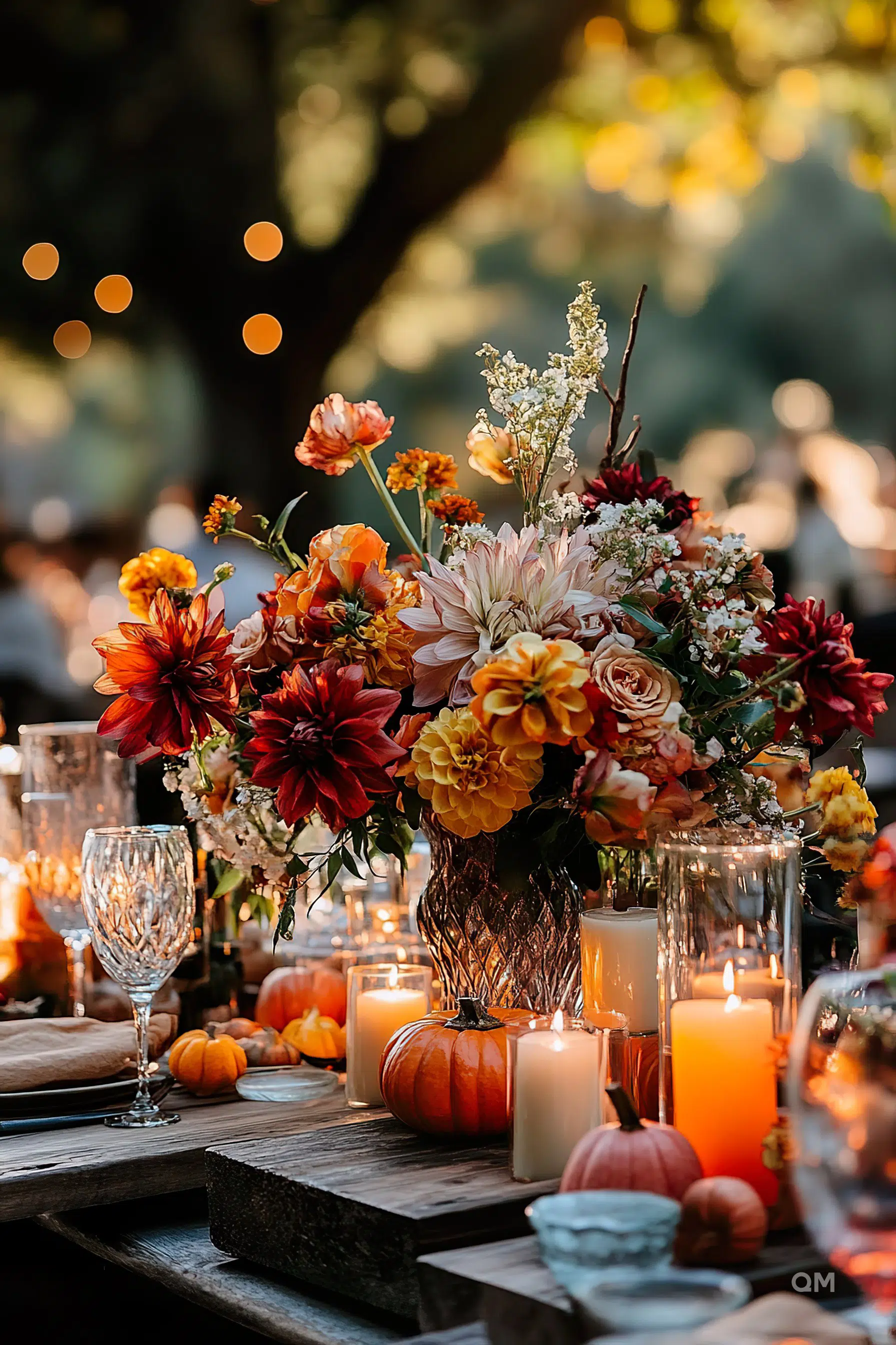 Elegant outdoor table setting with a vibrant floral centerpiece, candles, pumpkins, and glassware, illuminated by soft, warm lighting.