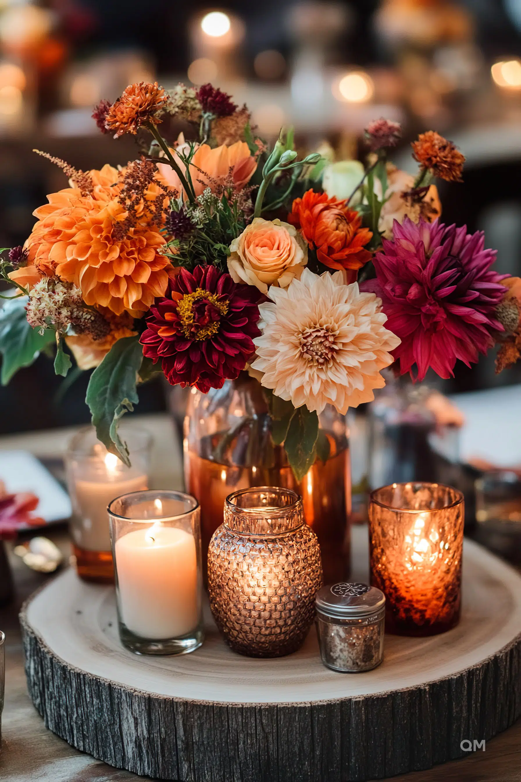 A vibrant centerpiece with a bouquet of autumn-hued flowers and lit candles on a wooden slice, creating a warm, inviting atmosphere.