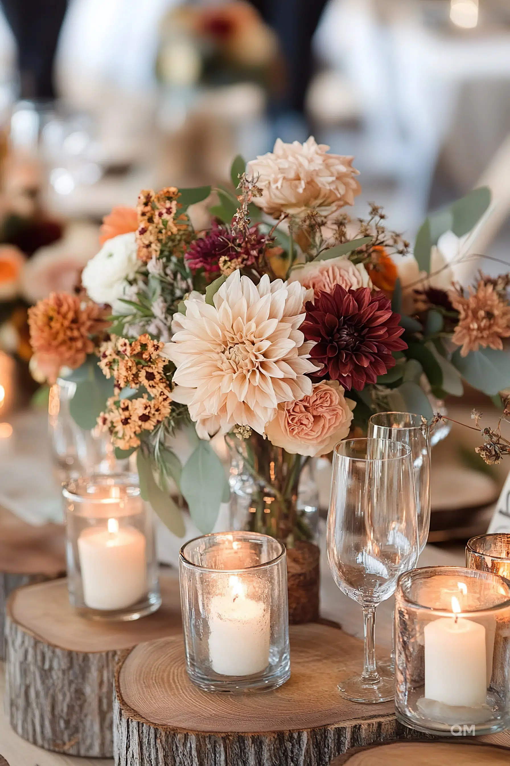 Elegant centerpiece with dahlias and roses, surrounded by lit candles on wooden slices, setting a romantic and warm ambiance.