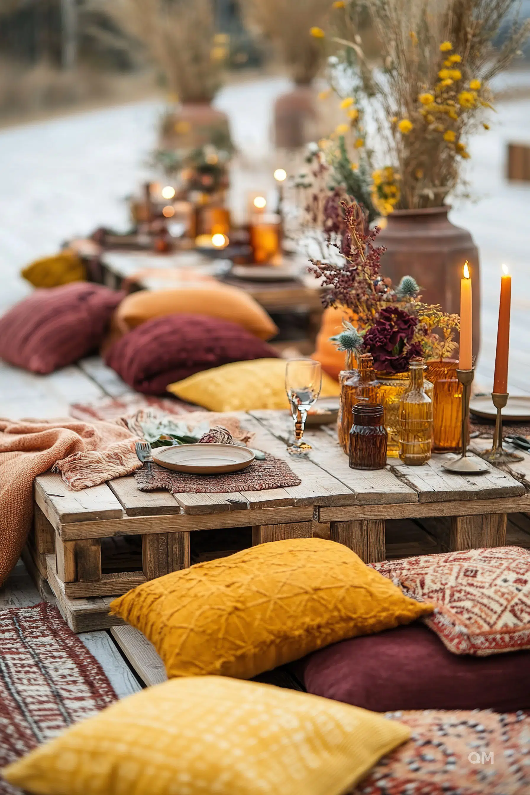 Rustic outdoor dining setup with lit candles, colored glass bottles, and a wooden table adorned with warm-toned pillows and blankets on a snowy background.