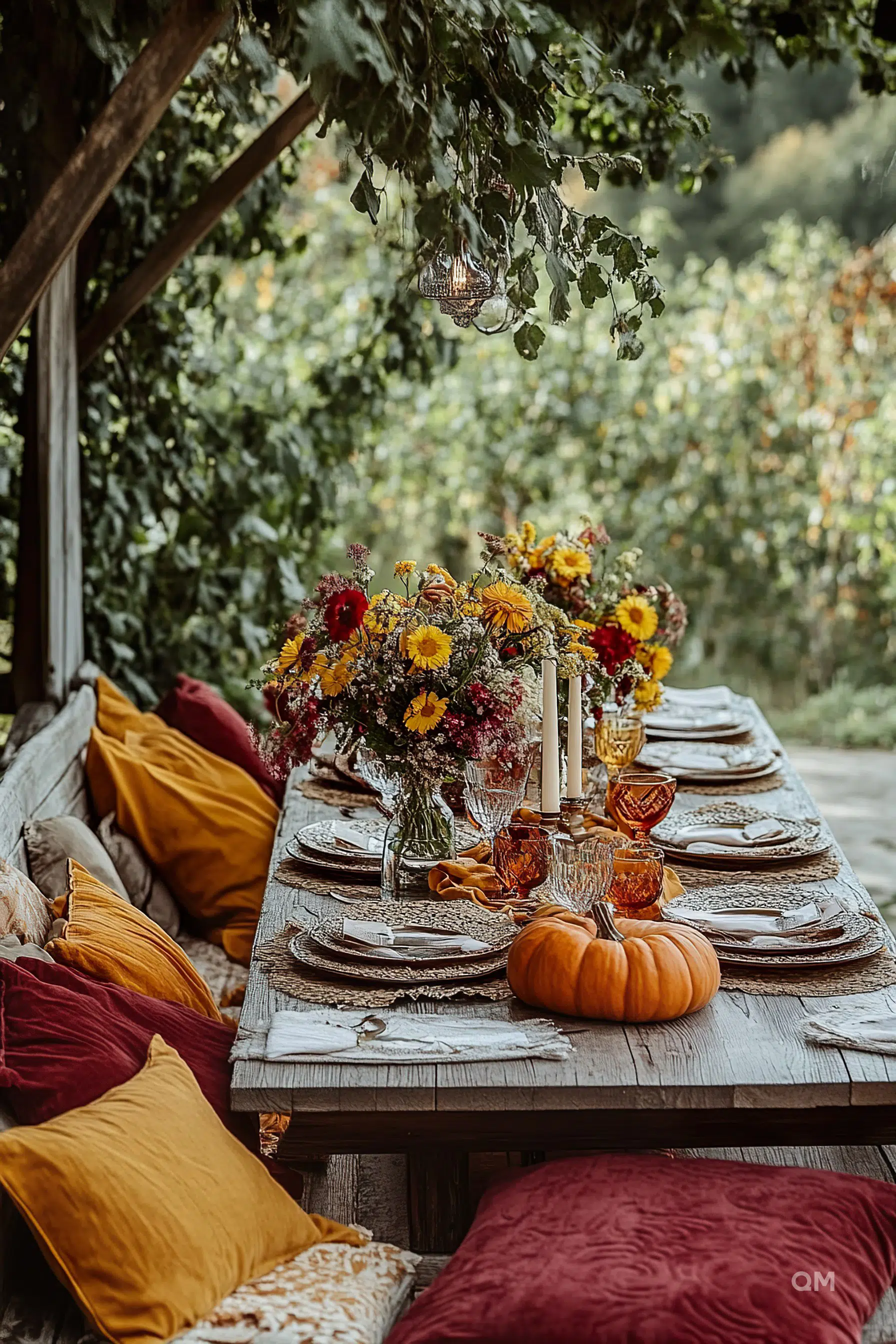 Outdoor autumn-themed table setting with colorful flowers, candles, pumpkins, and amber glassware, surrounded by red and yellow cushions.