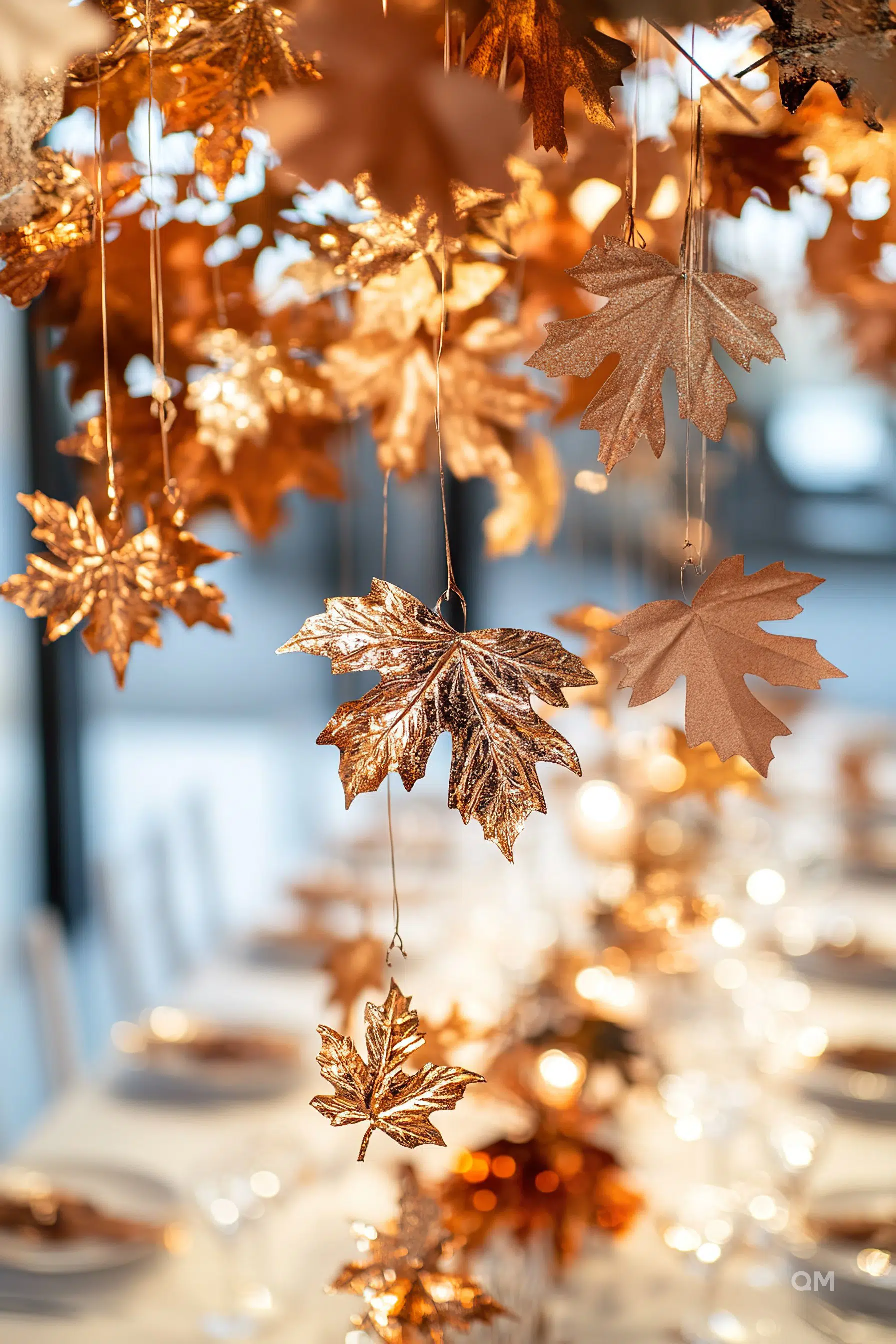 Golden artificial leaves suspended on strings with a blurred background of a set table, creating a festive and elegant atmosphere.