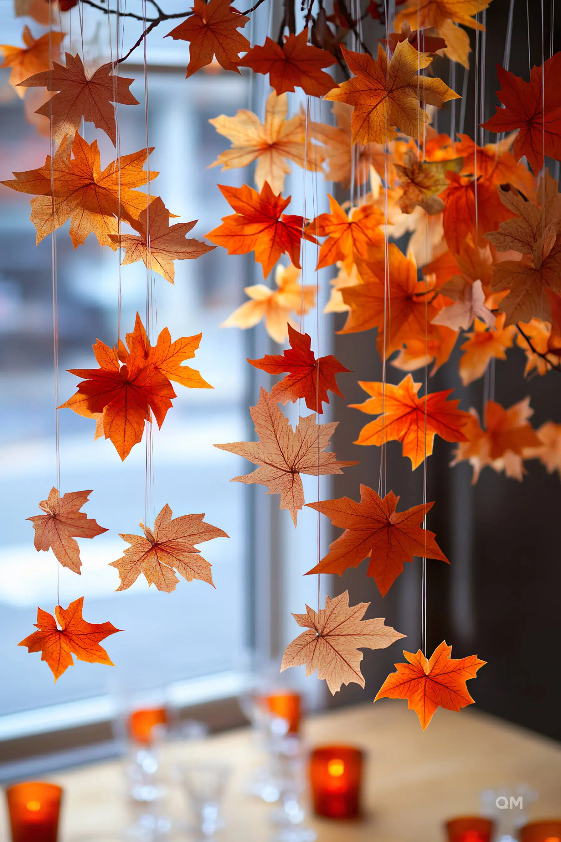 Hanging autumn leaves decoration above a table set with glasses and red votive candles, creating a cozy atmosphere.