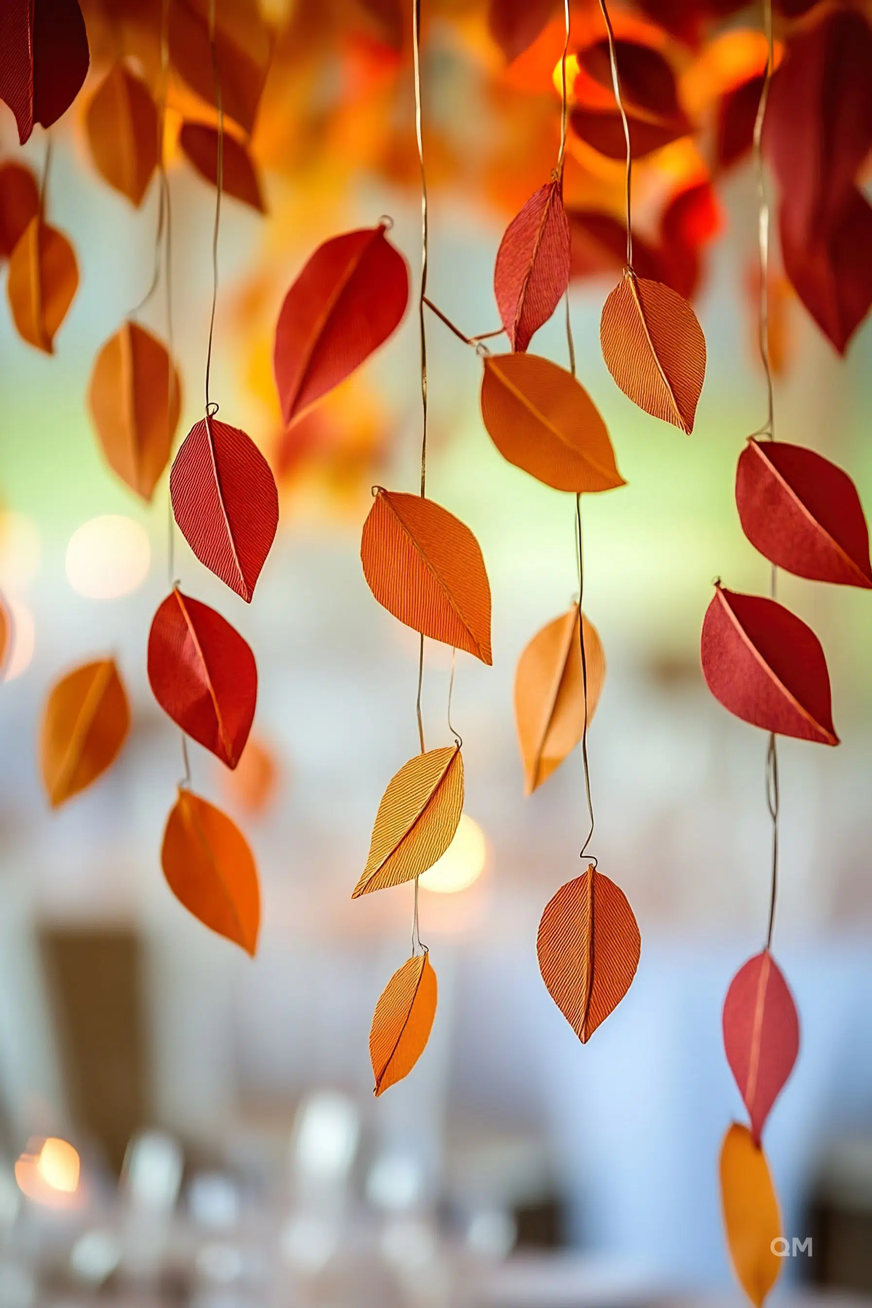 Autumn leaves hanging on strings with a soft-focus warm background giving a cozy, fall atmosphere.