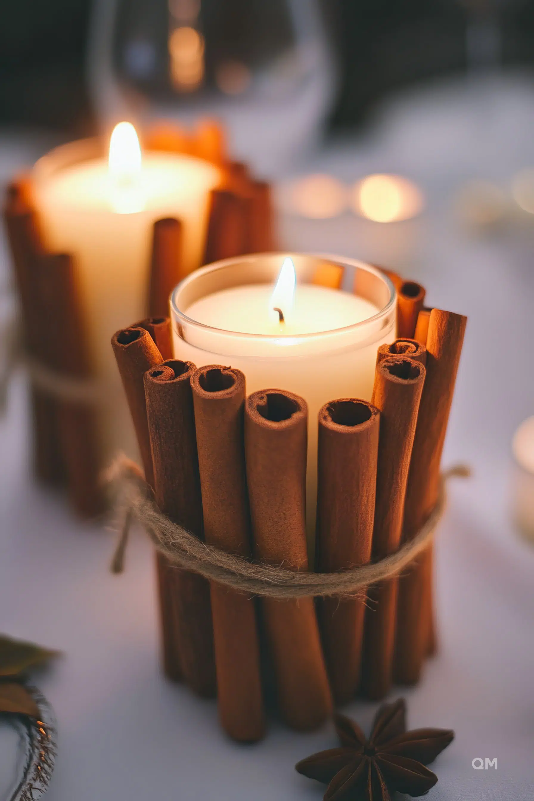 A lit candle surrounded by cinnamon sticks tied with twine, with a warm, soft-focus background.