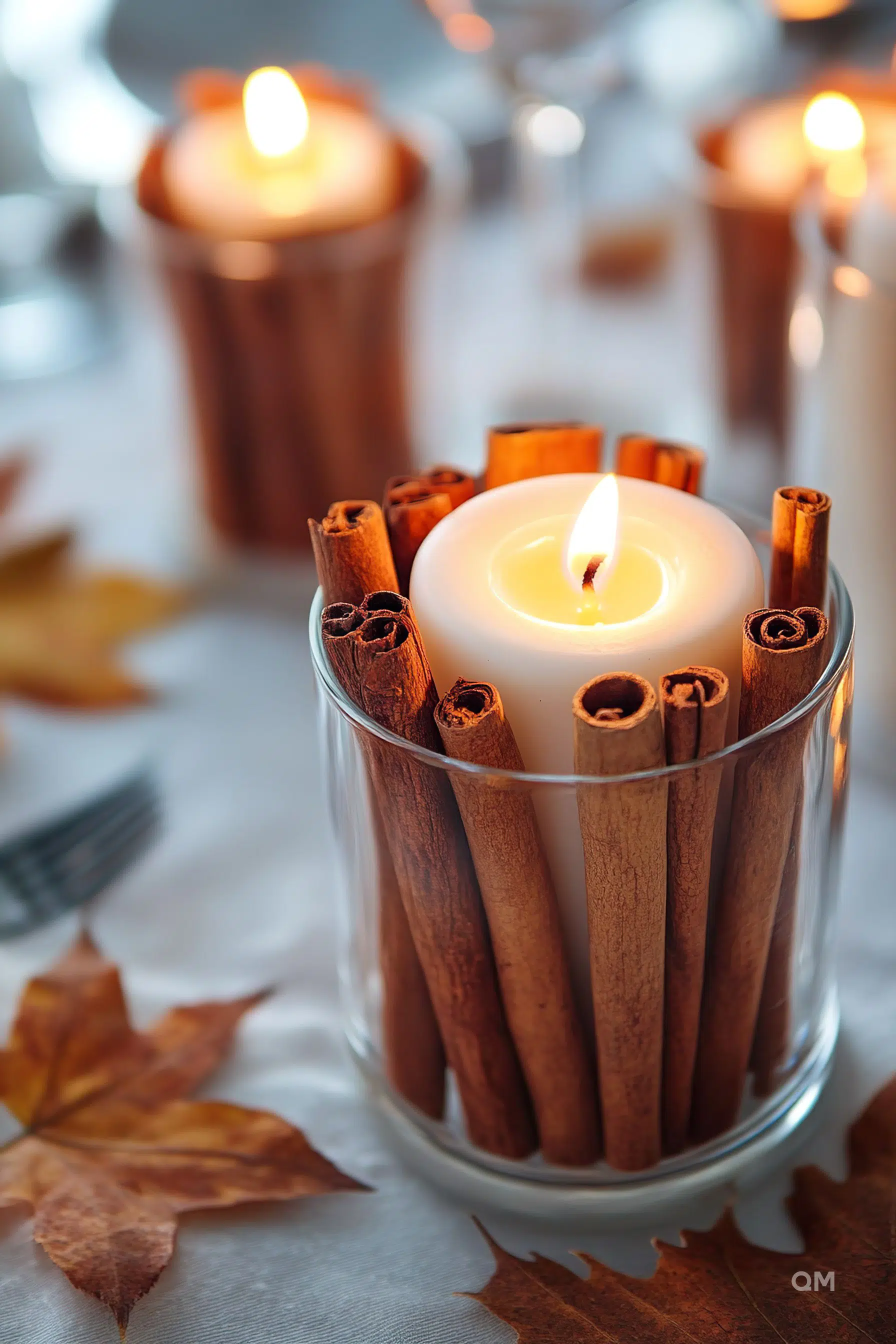 A lit white candle surrounded by cinnamon sticks in a glass holder, with autumn leaves and blurred lights in the background.