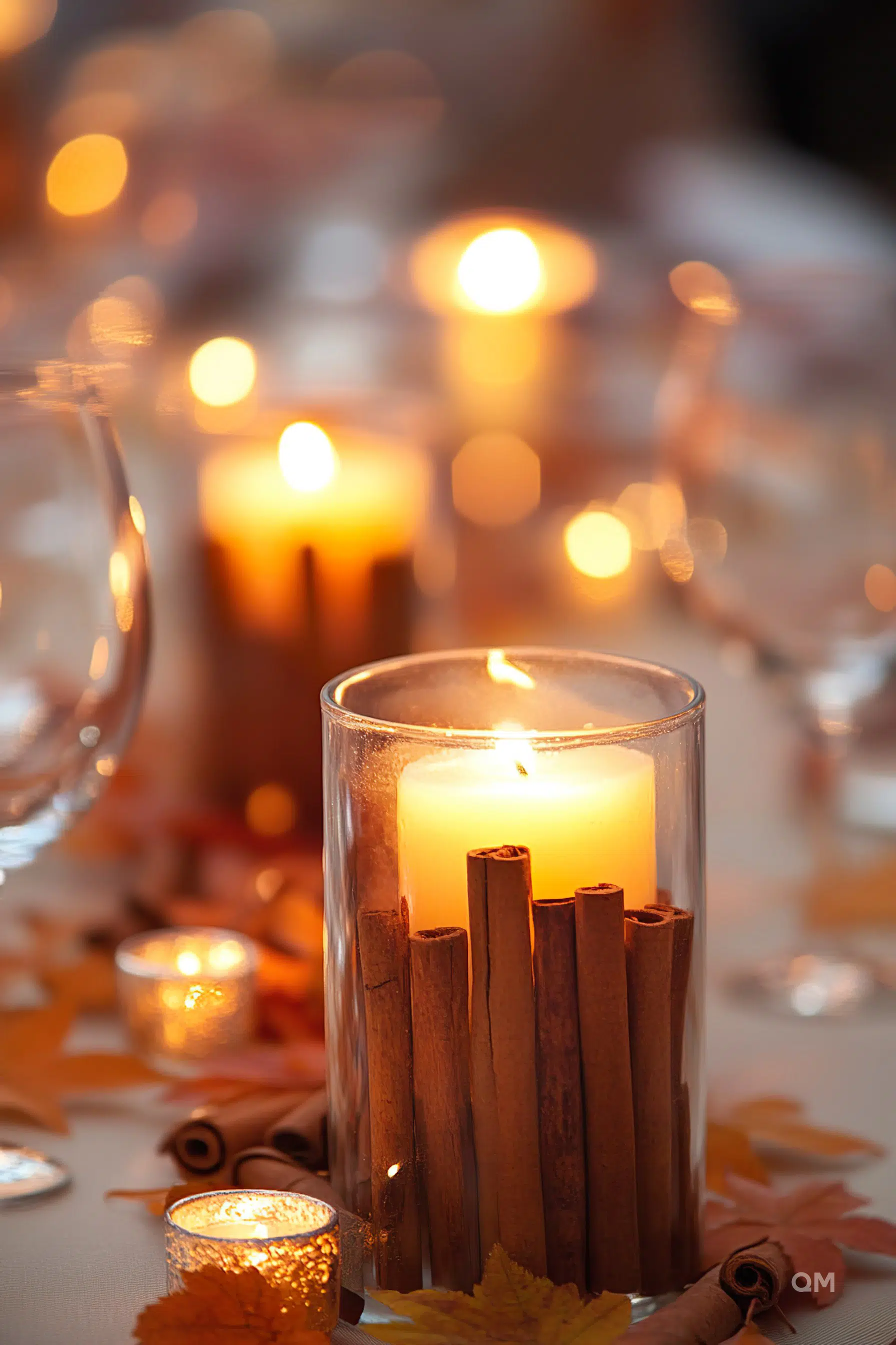 Lit candle surrounded by cinnamon sticks in a glass holder, with soft bokeh lights and autumn leaves in the background.