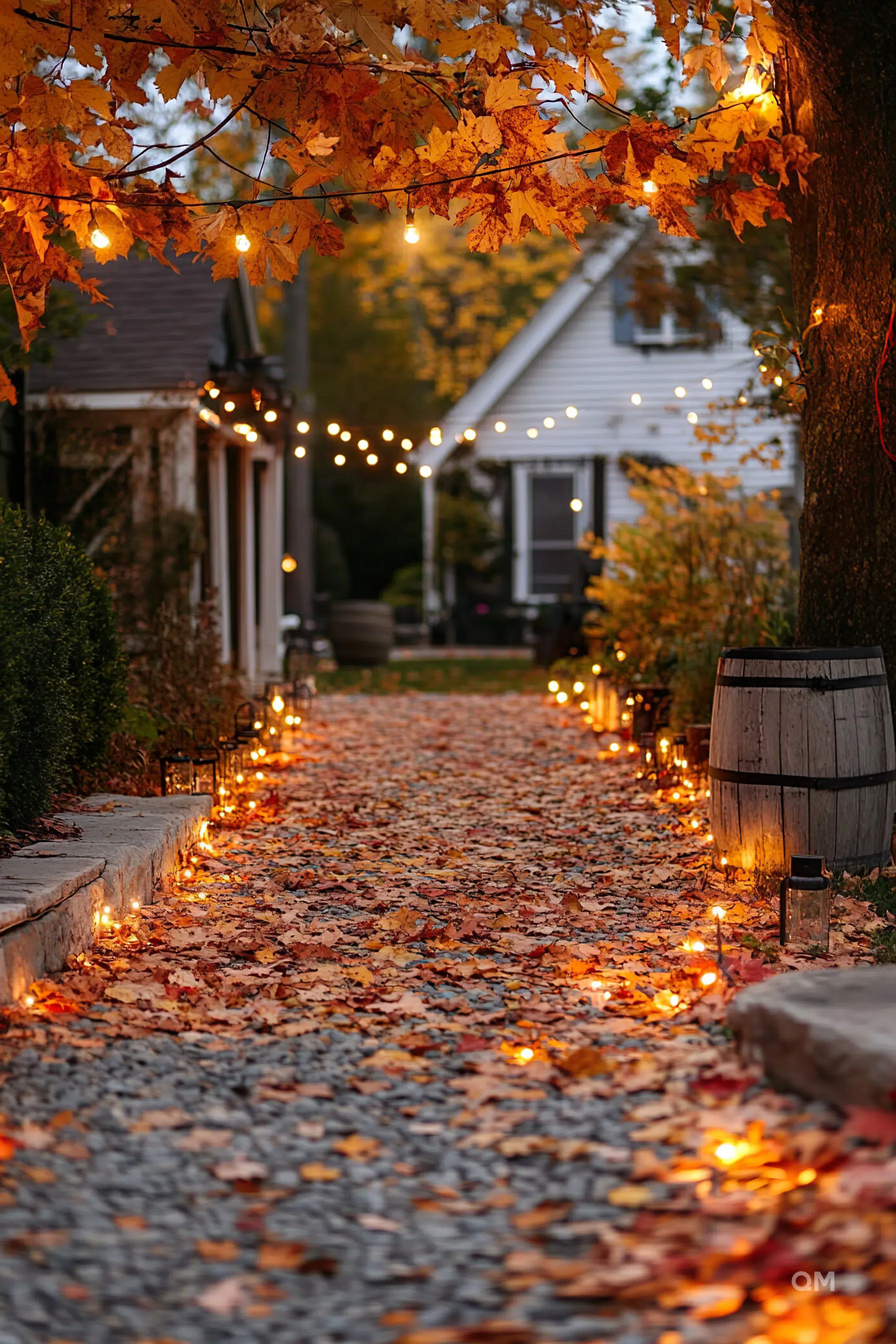 Autumn leaves carpeting a pathway with warm string lights overhead and lanterns along the side at dusk.