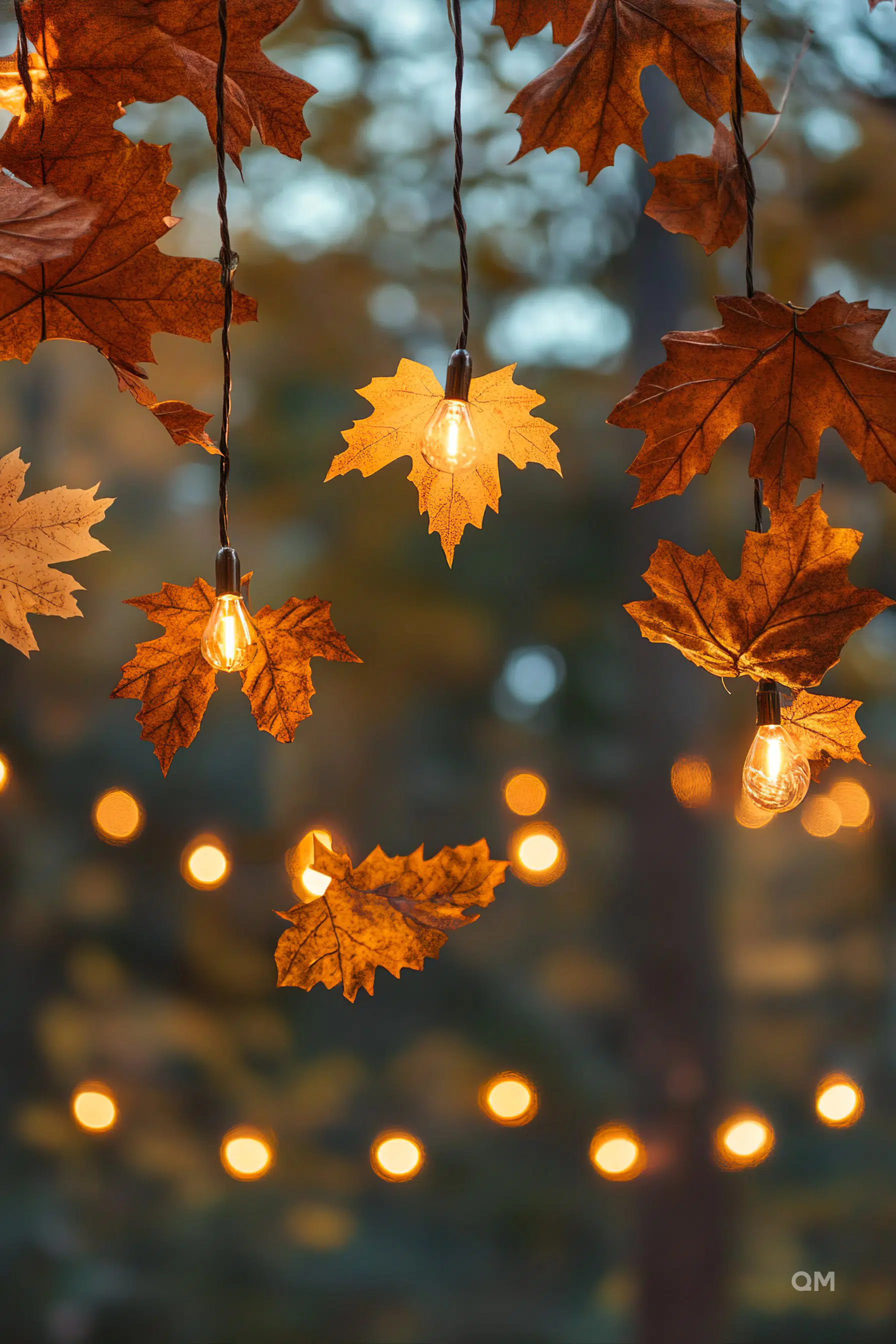 String lights with glowing bulbs interspersed among autumn leaves against a bokeh background.