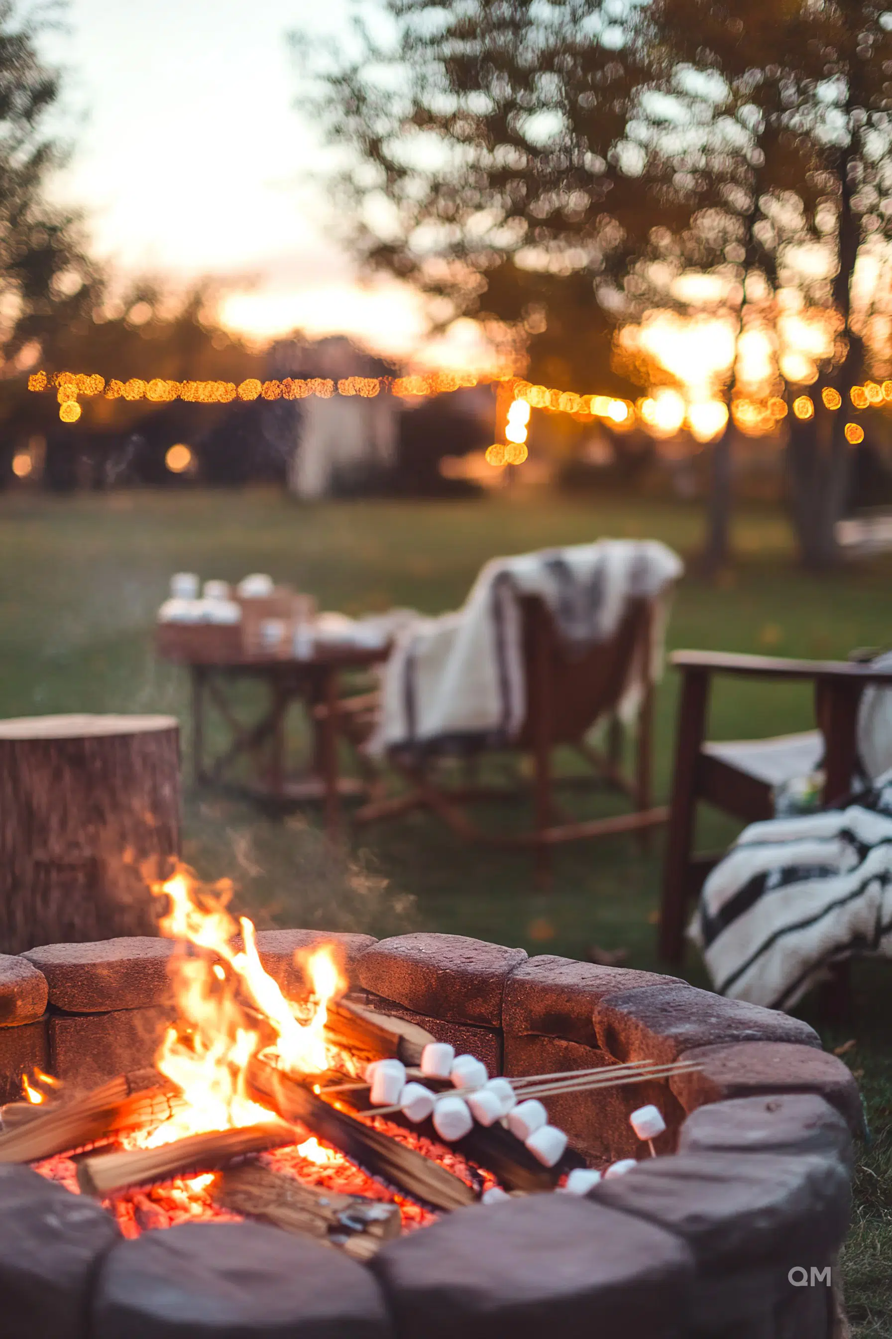 Cozy outdoor fire pit with marshmallows on skewers, flanked by wooden chairs and blankets, with twinkling lights in the background at dusk.
