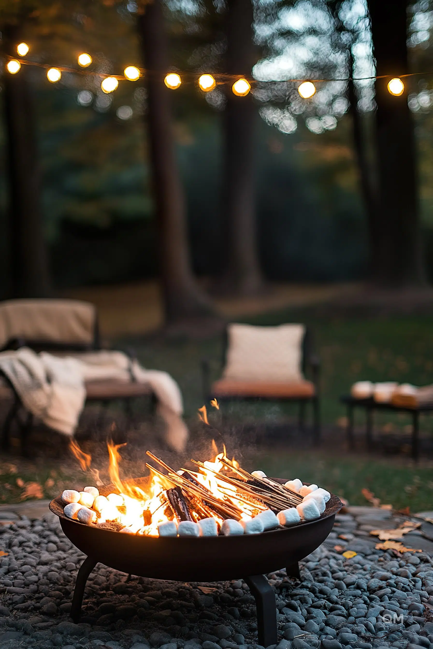 A cozy outdoor fire pit with a roaring flame, surrounded by chairs under a string of warm lights at dusk.
