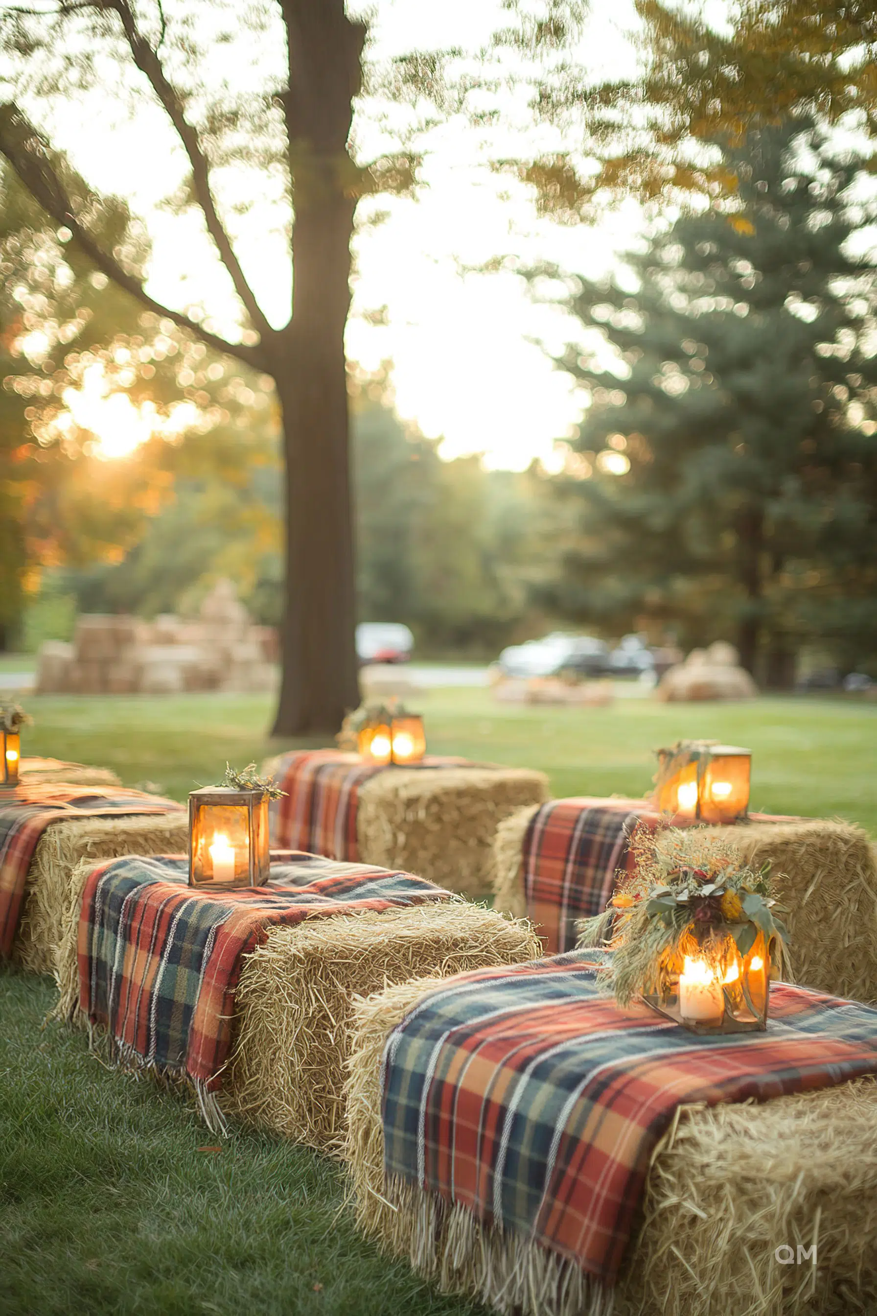 Outdoor autumn evening setting with lit candles on hay bales covered by plaid blankets, trees, and sunset in the background.