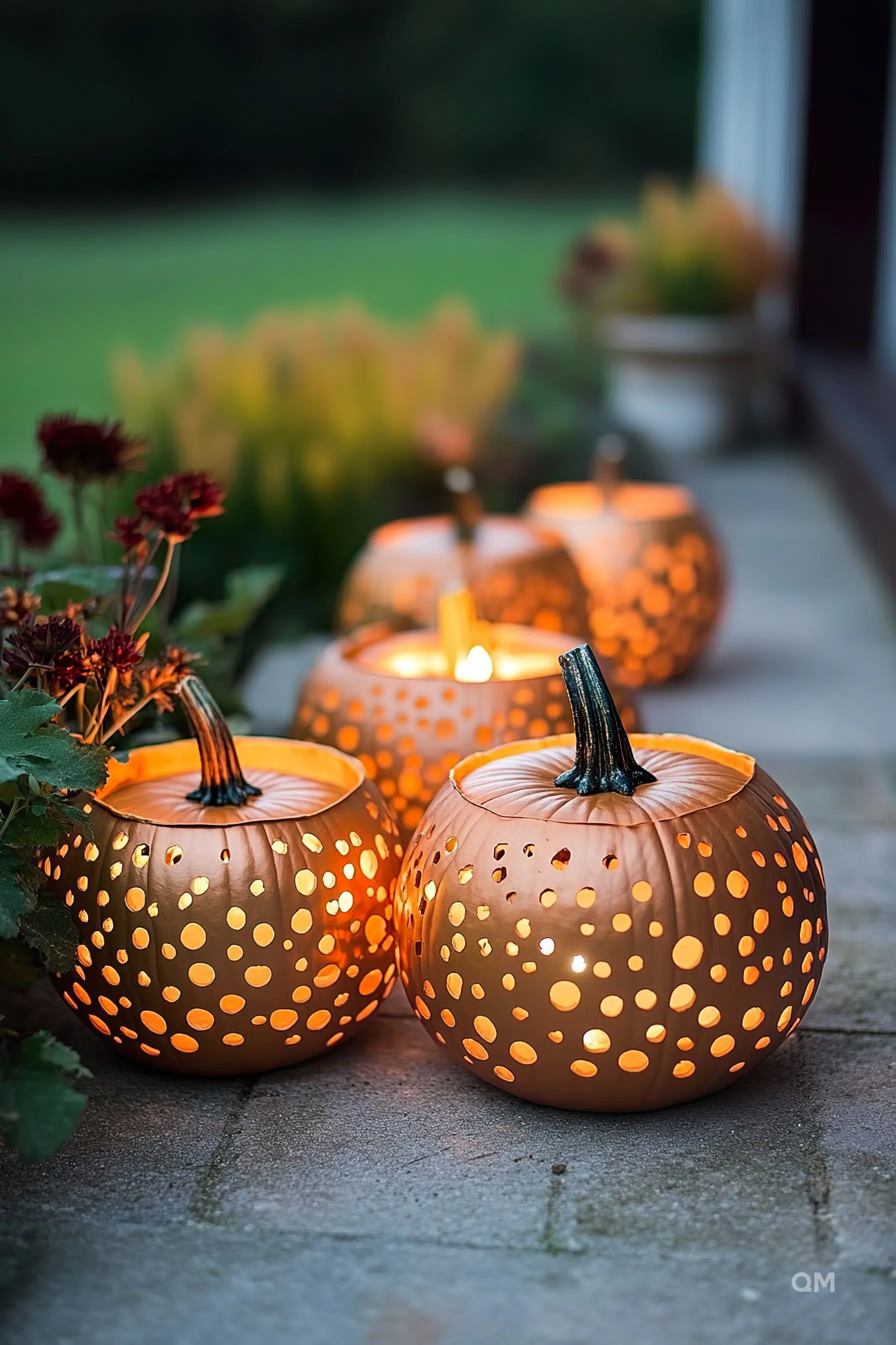 Four carved pumpkins with glowing lights inside, placed on a porch next to red flowers, at dusk.
