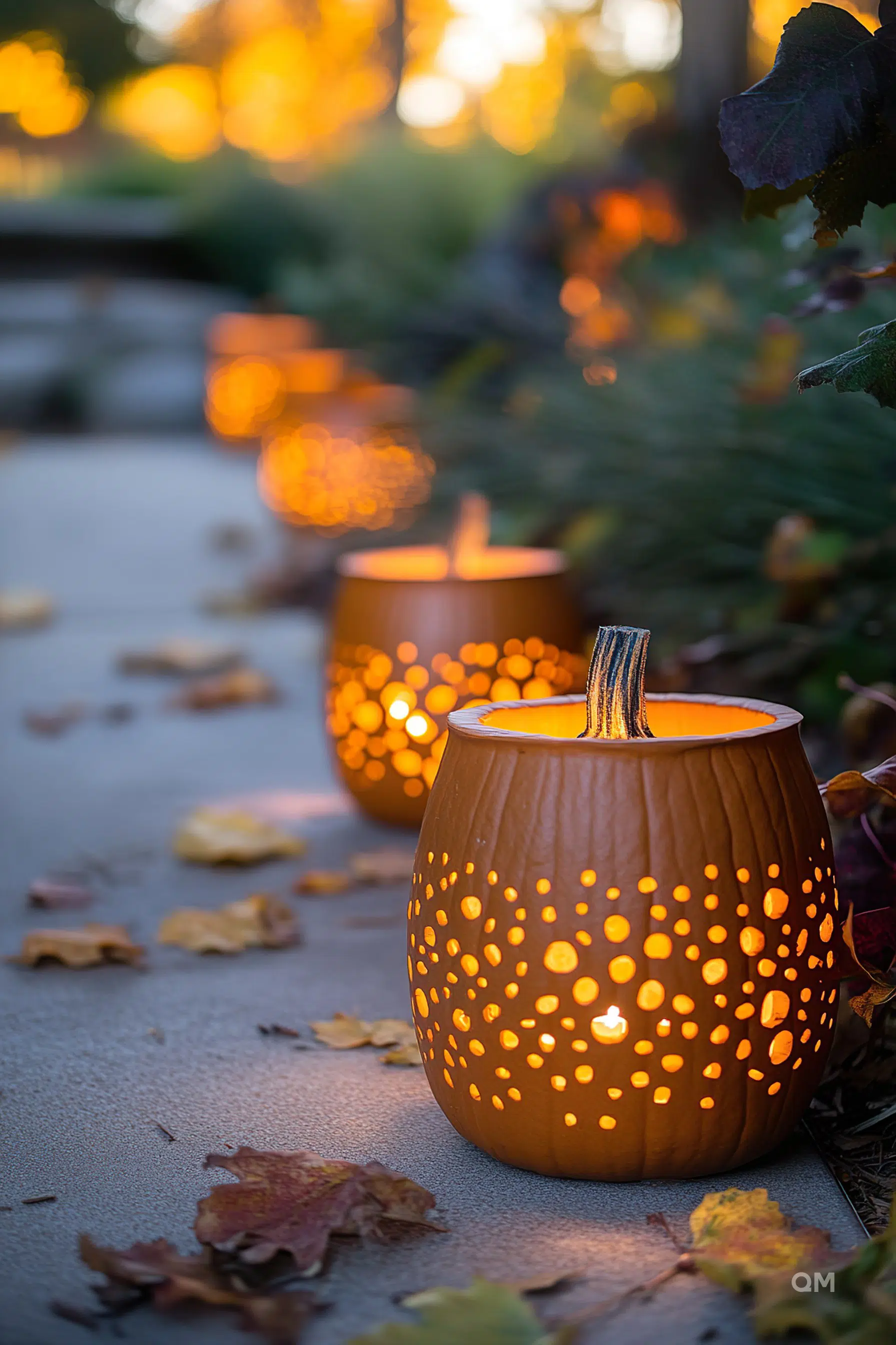 Illuminated pumpkin-shaped candle holders line a pathway, casting a warm glow amidst fallen autumn leaves.