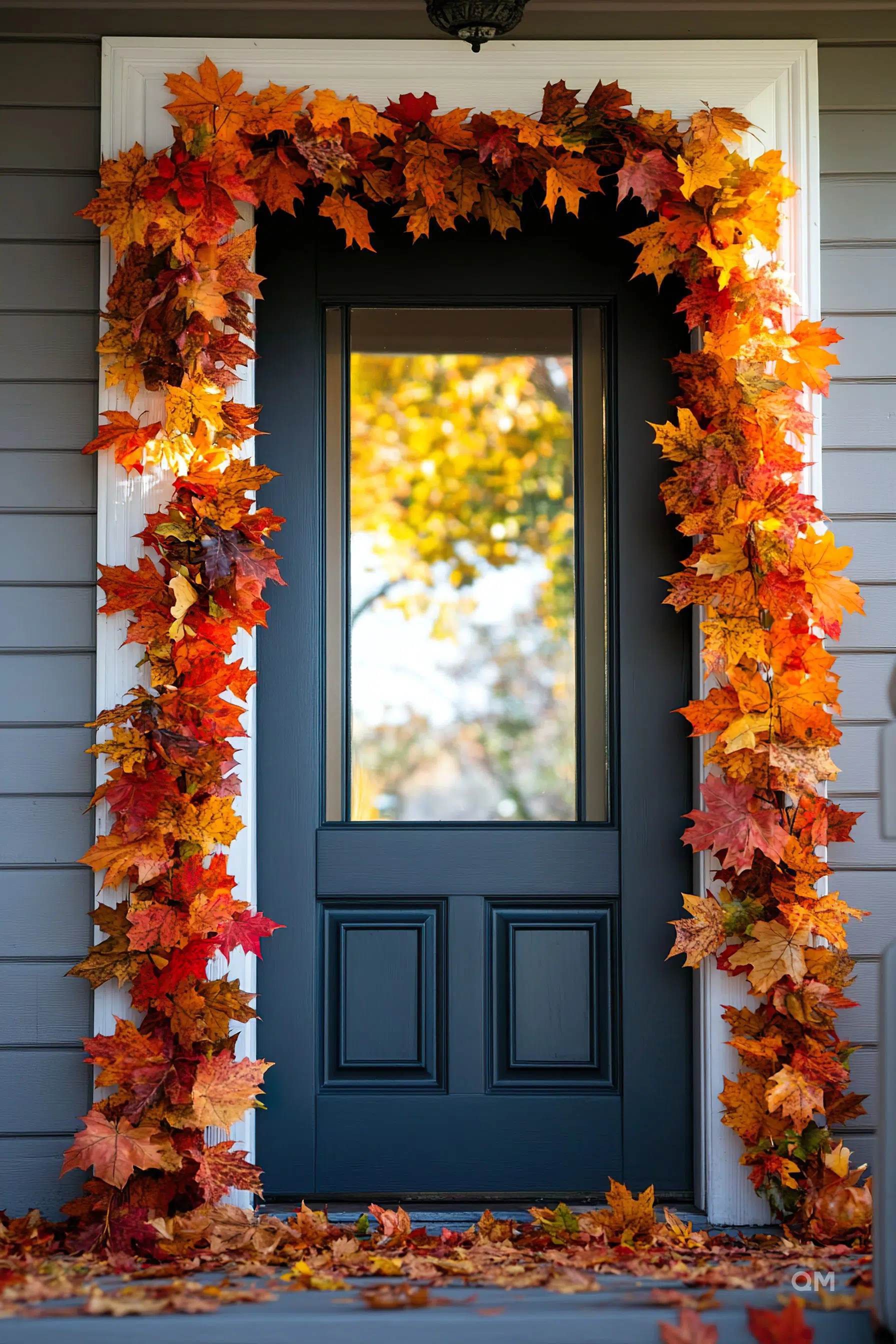 A front door framed with colorful autumn leaves and fallen foliage on the doorstep, evoking a cozy, fall atmosphere.